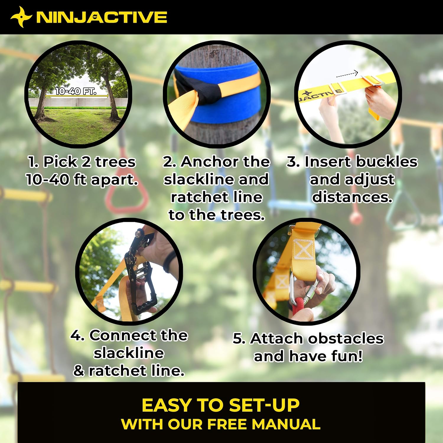 NINJACTIVE Ninja Warrior Obstacle Course for Kids - Weatherproof 50' Ninja Slackline Kit with 10 Obstacles Like Ladder, Spinning Wheel - Ninja Warrior Training Equipment with Slack Line for Backyard: Toys & Games