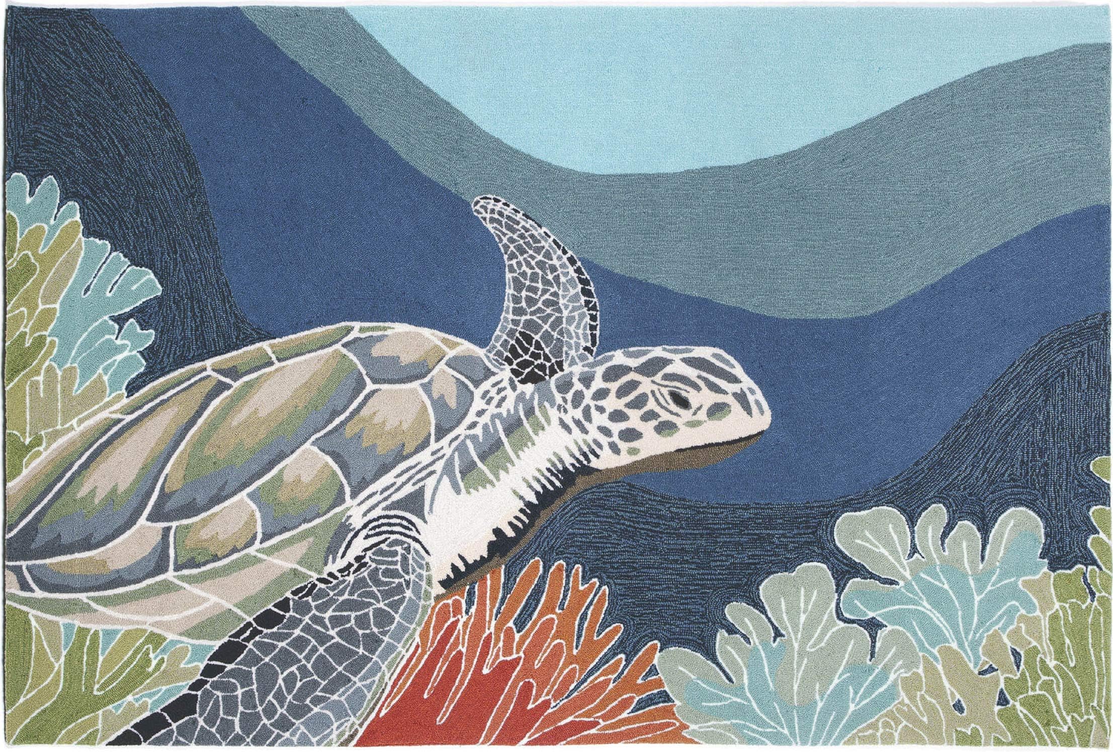 Liora Manne RAVELLA Indoor/Outdoor Hand Tufted Synthetic Blend Durable Area Rug - Contemporary Coastal Turtle Decorative (Akumal Ocean) (5' x 7'6")