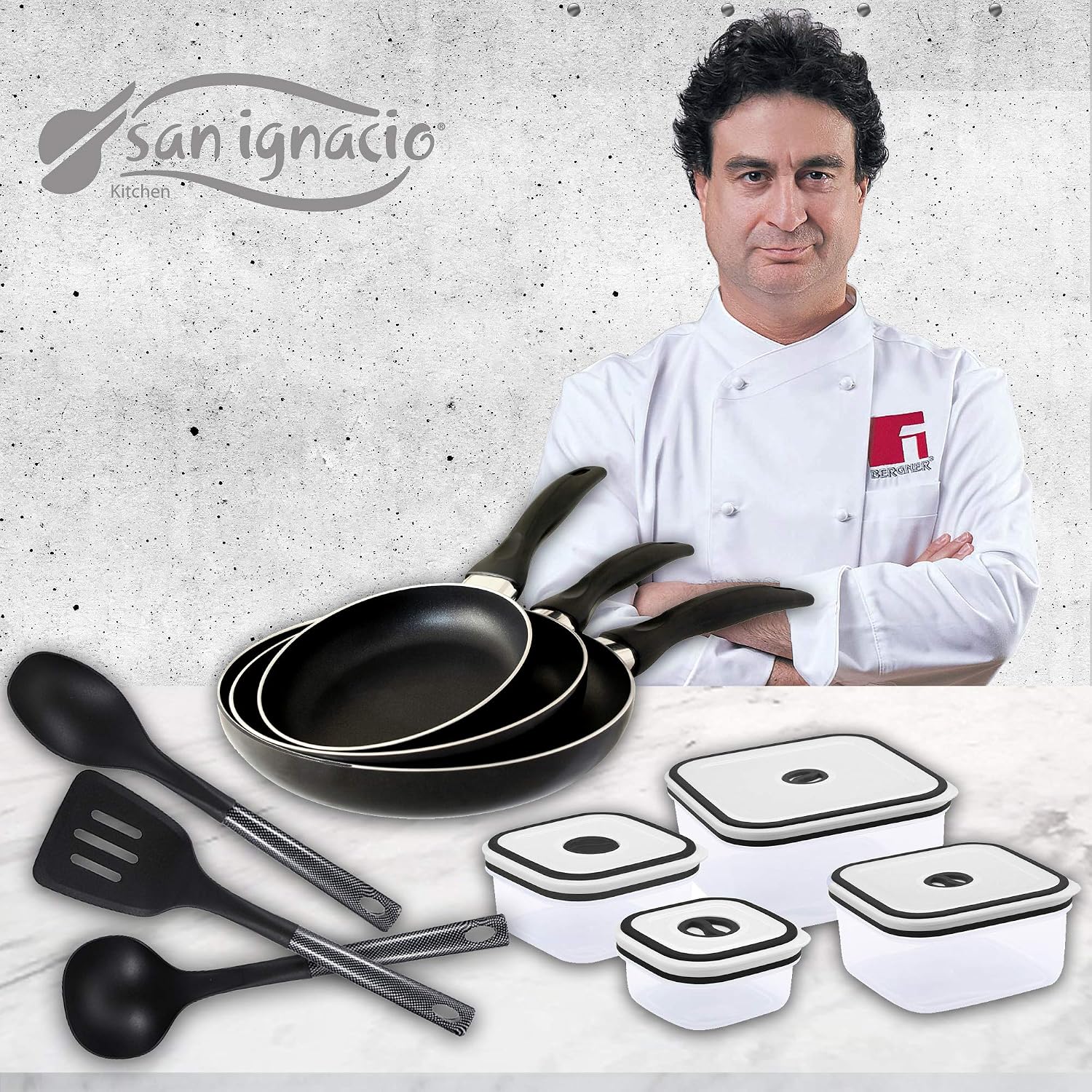 San Ignacio Navy Black Set de 3 sartenes + 4 recipientes herméticos + 3 Utensilios de Cocina, fiambreras