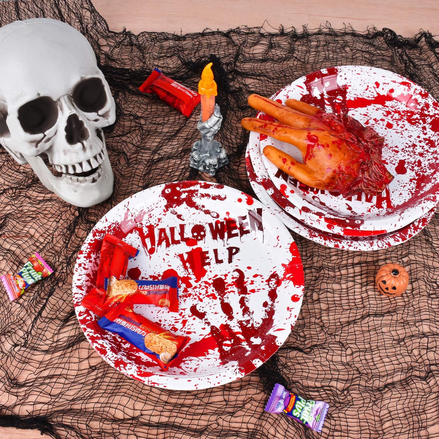 Bloody Handprint Halloween Paper Plates Set Serve 25 Spooky Party Decoration Disposable Plates Napkins Cups Rectangular Tablecloth and Happy Halloween Banner: Health & Personal Care