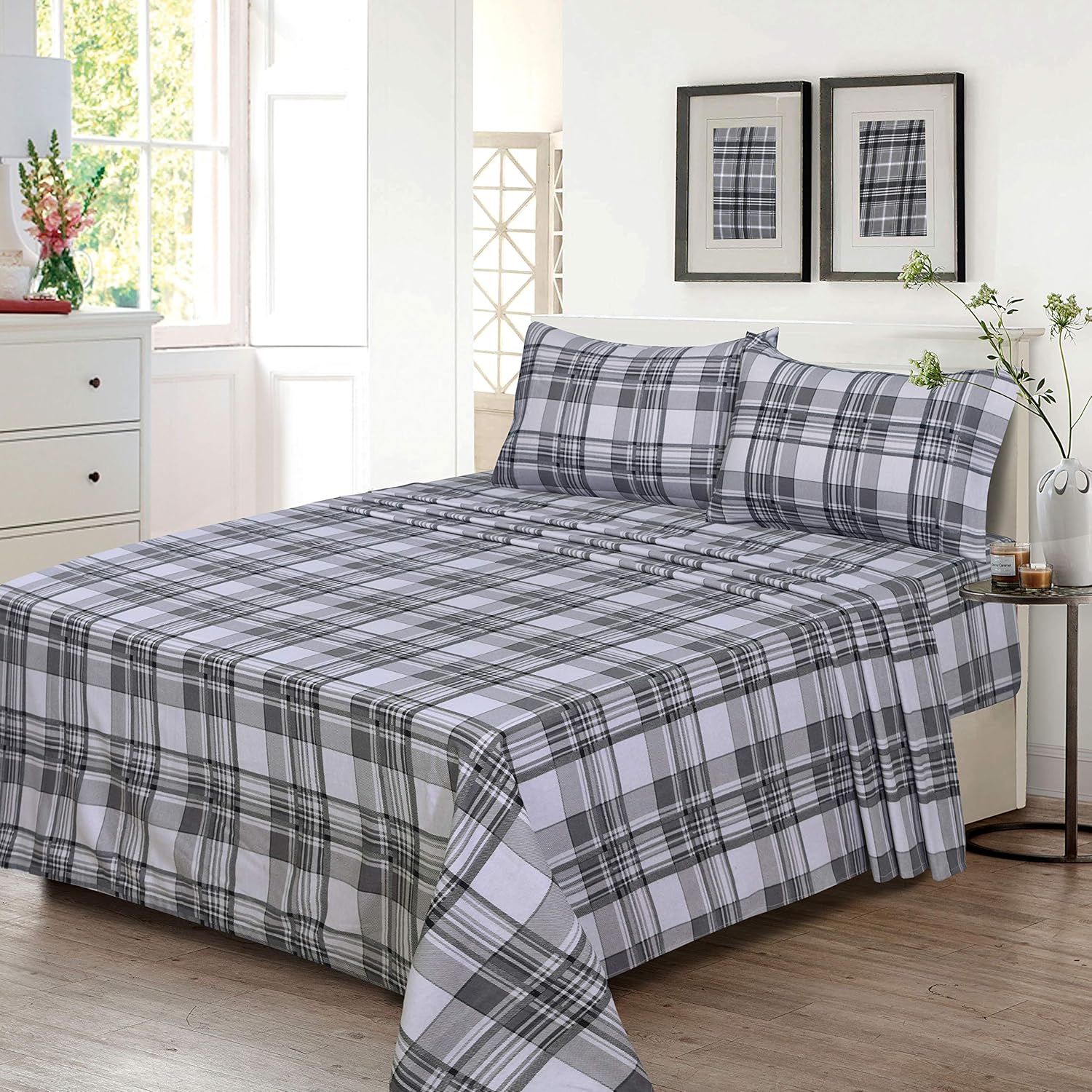 Ruvanti 100% Cotton 4 Piece Flannel Sheets Queen Balance Plaid Grey Deep Pocket-Warm-Super Soft - Breathable Moisture Wicking Flannel Bed Sheet Set Queen Include Flat Sheet, Fitted Sheet 2 Pillowcases: Home & Kitchen