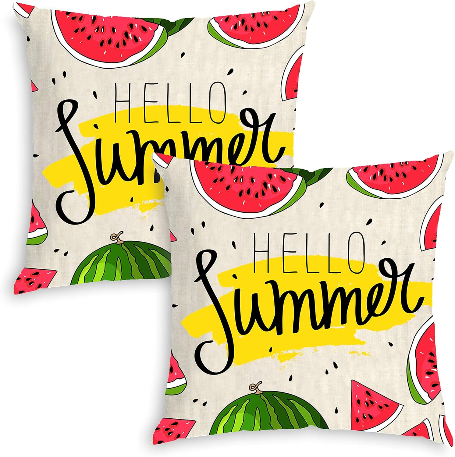 QoGoer Summer Pillow Covers, Watermelon Pineapple Tropical Fruit Decor Pillow Case 18 x 18 Inch Set of 2, Cotton Linen Cushion Covers for Home Car Sofa Bedding Decorative (Red)