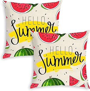 QoGoer Summer Pillow Covers, Watermelon Pineapple Tropical Fruit Decor Pillow Case 18 x 18 Inch Set of 2, Cotton Linen Cushion Covers for Home Car Sofa Bedding Decorative (Red)