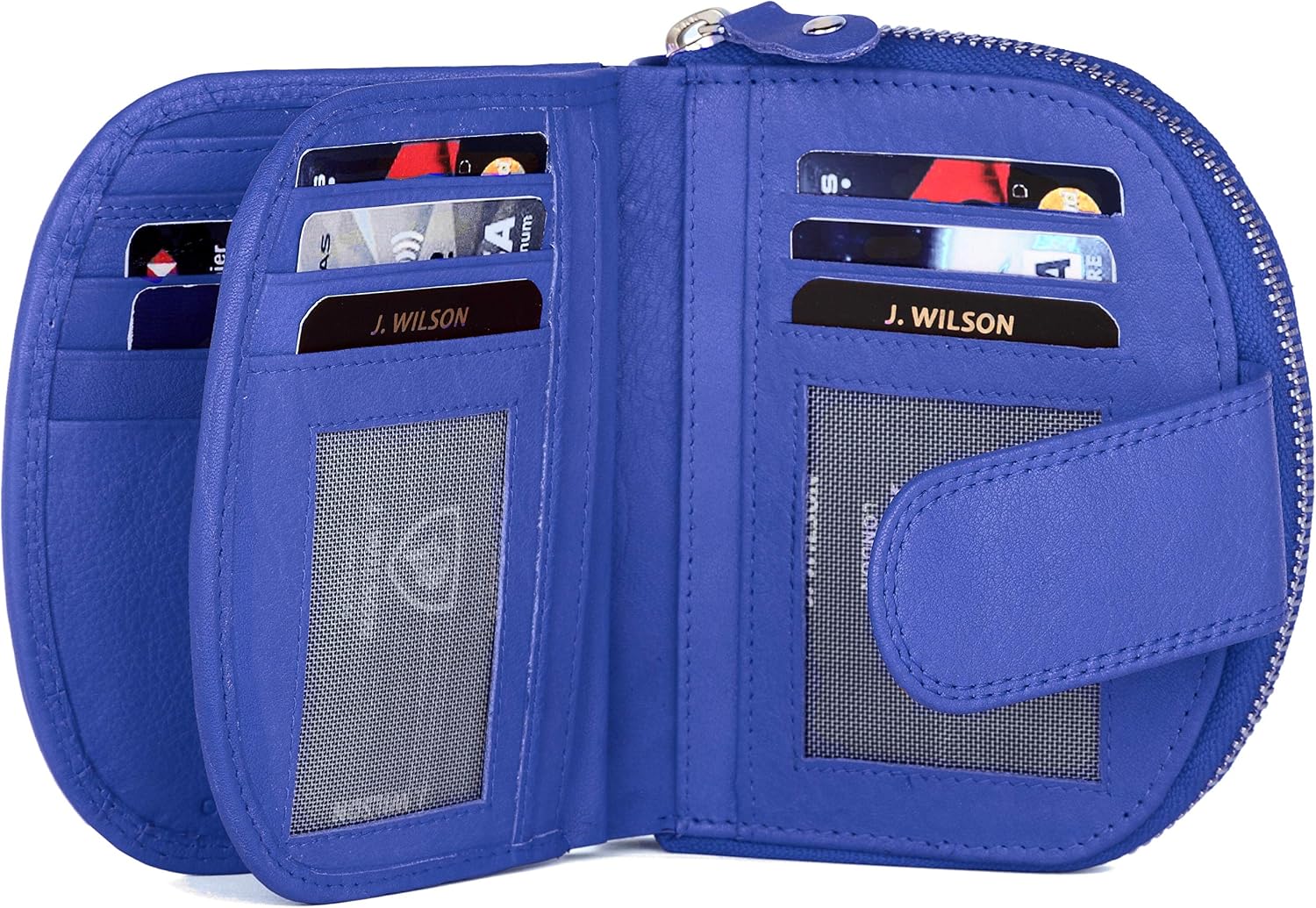 J. Wilson London Ladies RFID Safe Designer Leather Purse Card Women Wallet Zip Pocket Boxed, Royal Blue - Image 5