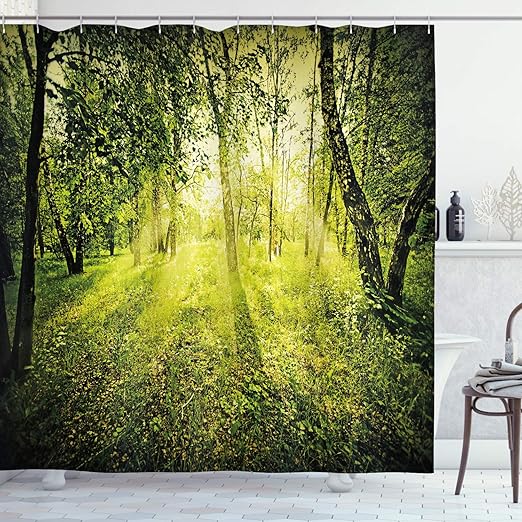 Amazon Com Ambesonne Magic Home Decor Shower Curtain Set Freshening Morning Light In Forest In Summer Time Sunset Environment Wilderness Mist Theme Bathroom Accessories 84 Long Extra Green Home Kitchen