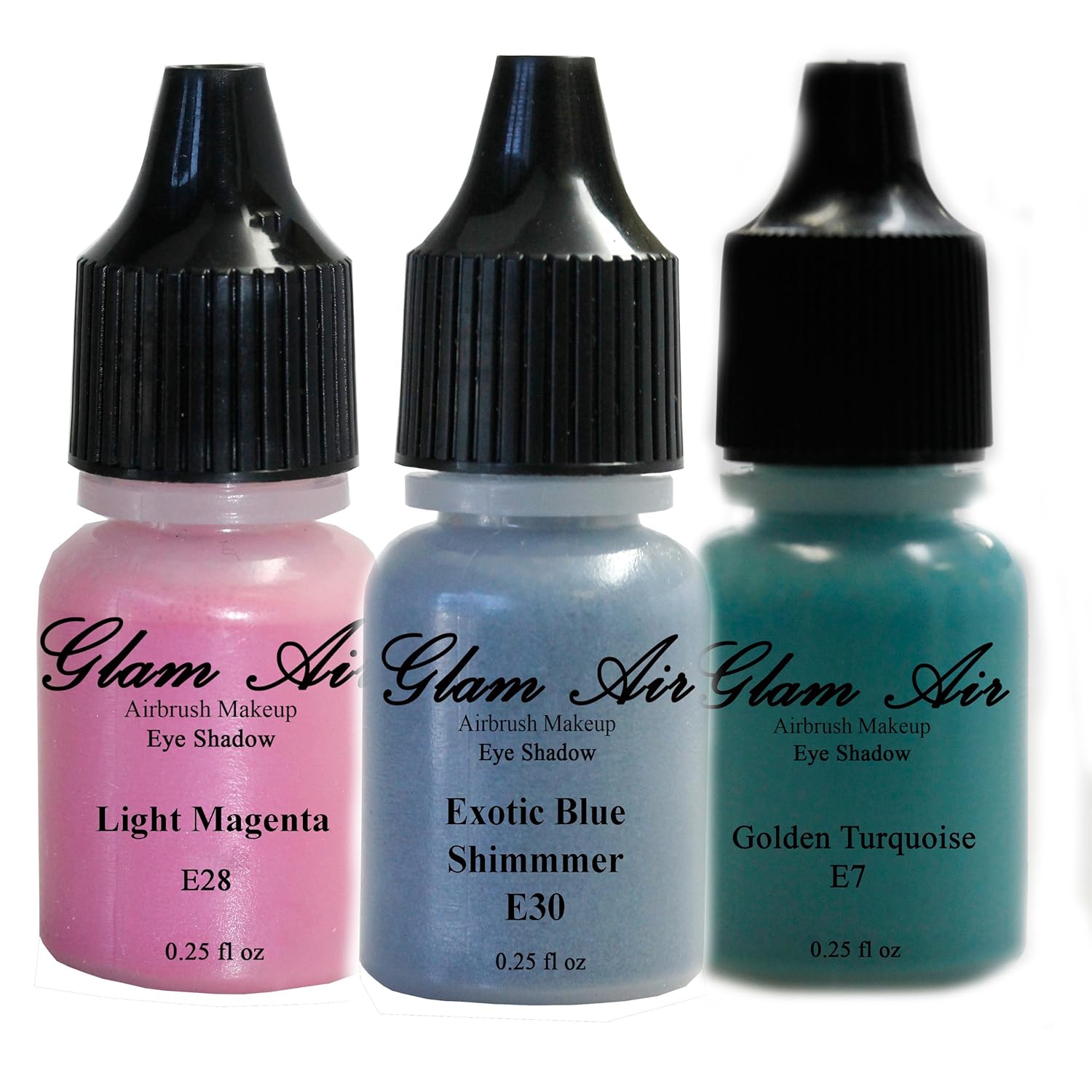 Set of Three (3) Shades of Glam Air Airbrush Eye Shadow Makeup E7 Golden Turquoise, E28 Light Magenta and E30 Exotic Blue Shimmer Water-based Formula Last All Day (For All Skin Types) 0.25oz Bottles