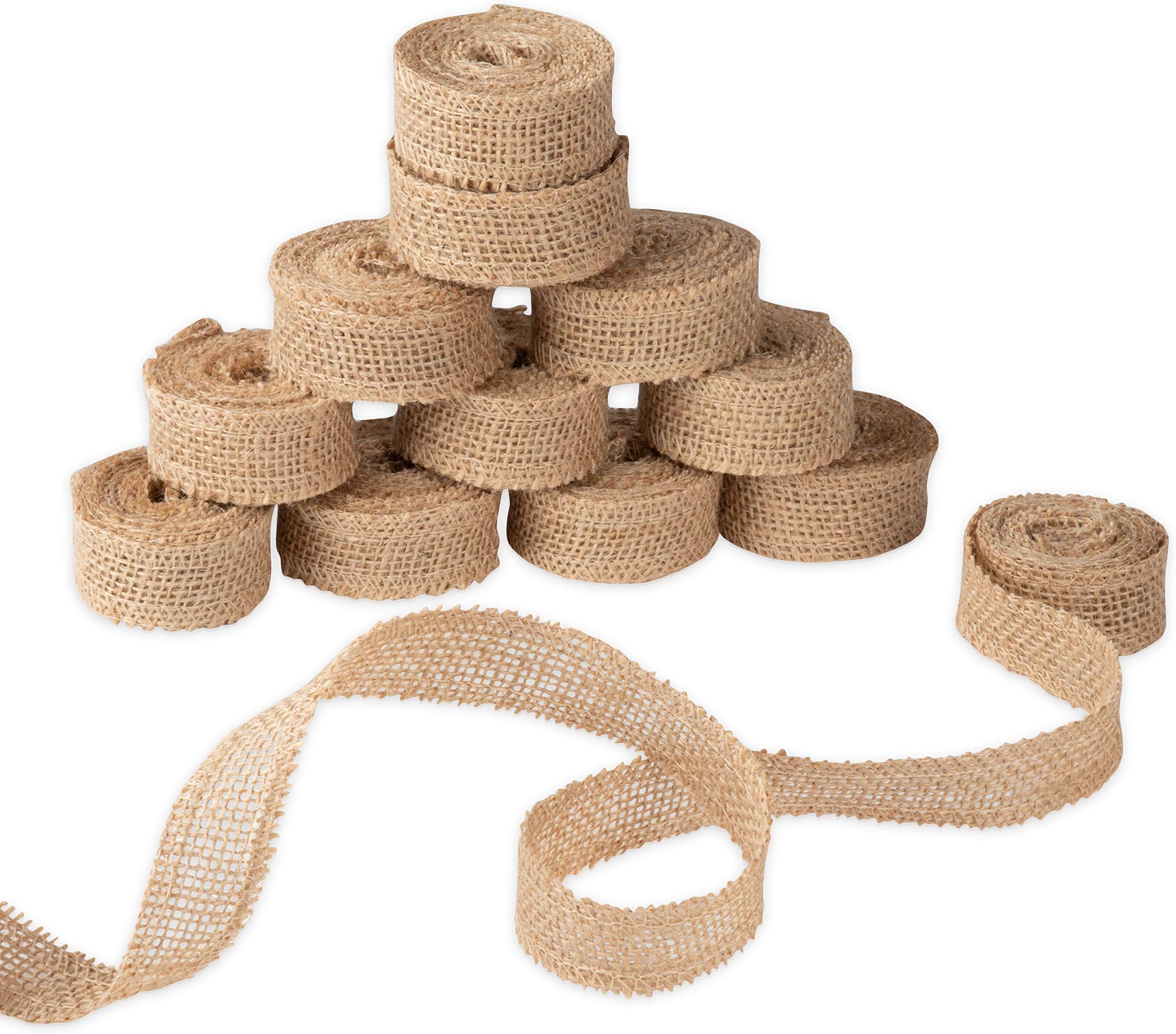 Burlap Fabric Roll - 12-Pack 1-Inch Brown Burlap Ribbon for Crafts, 2.2 Yards Each