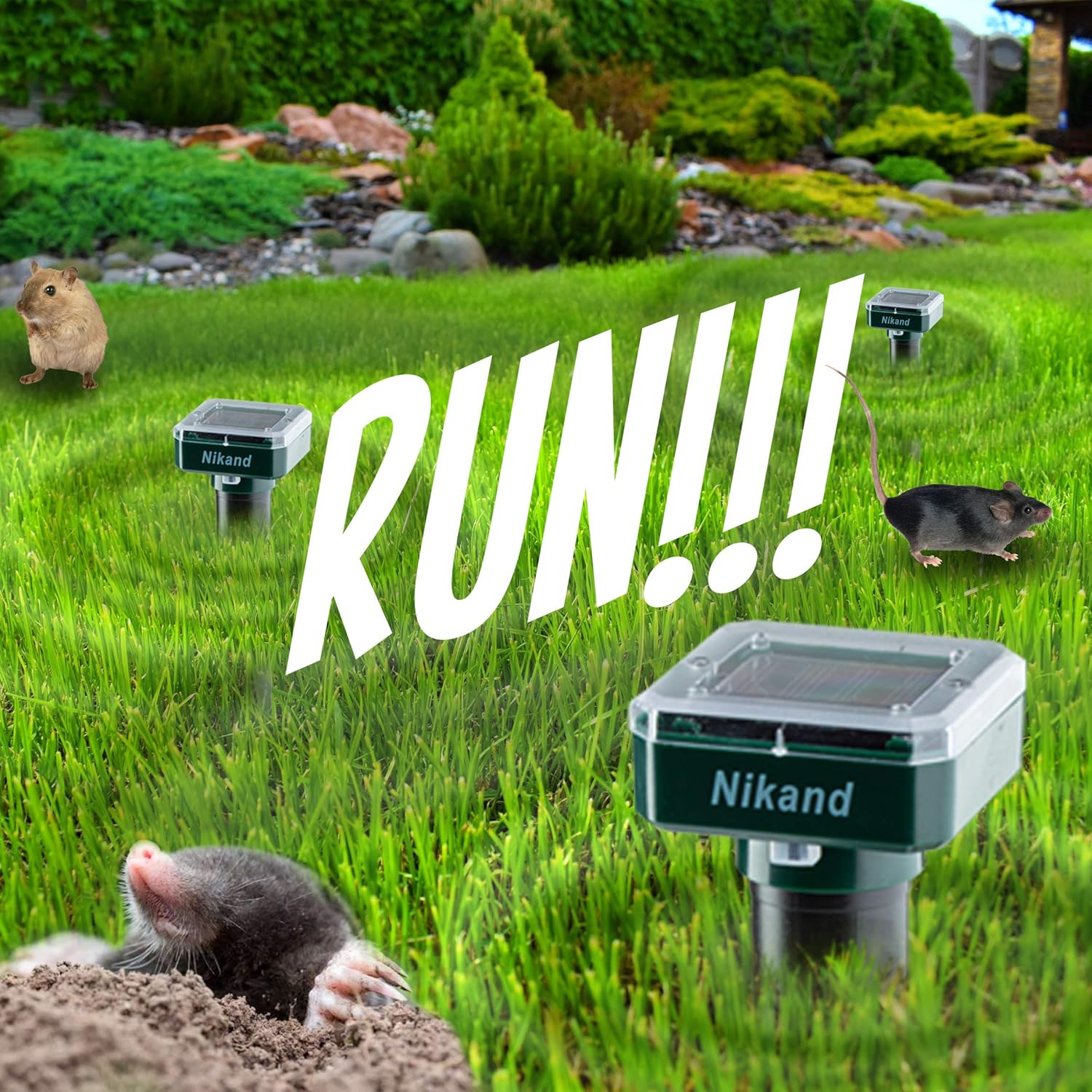 NIKAND Solar Mole Repellent Ultrasonic 4 Pack Outdoor Powered Sonic Deterrent - Mole Stopper Scare Vole for Lawn Garden & Yard Home - Groundhog Repeller Snake Rodent Gopher Spikes Chaser Pest Control: Health & Personal Care