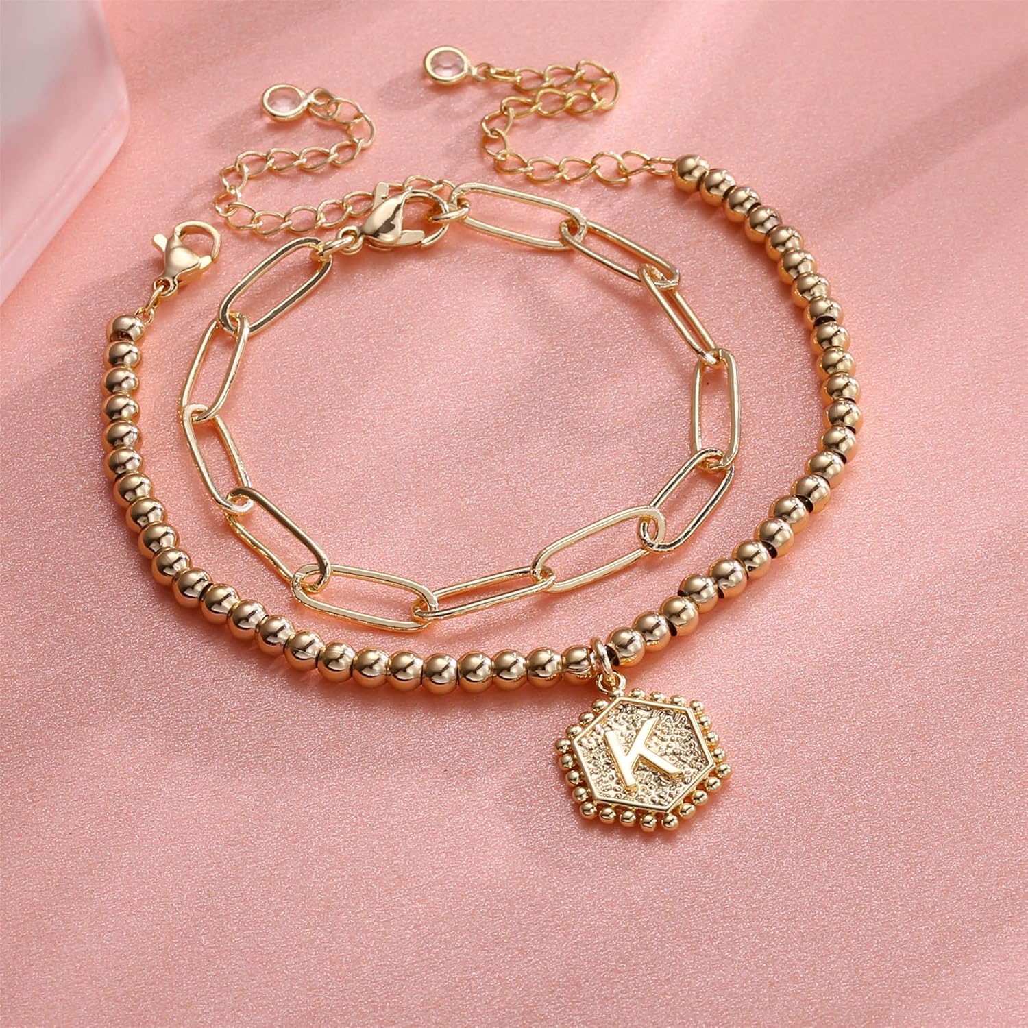 IEFWELL Dainty Gold Charm Bracelets for Women, 14K Gold Plated Bead Bracelet Letter K Paperclip Link Bracelets for Her Dainty Gold Charm Bracelets for Women Jewelry: Jewelry