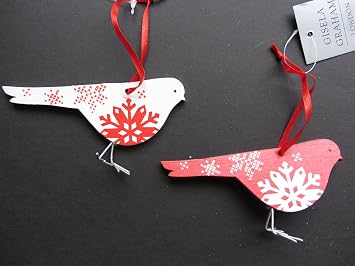 Gisela Graham Scandinavian Inspired Wood and Metal Robin Christmas Tree Decoration Set of 2