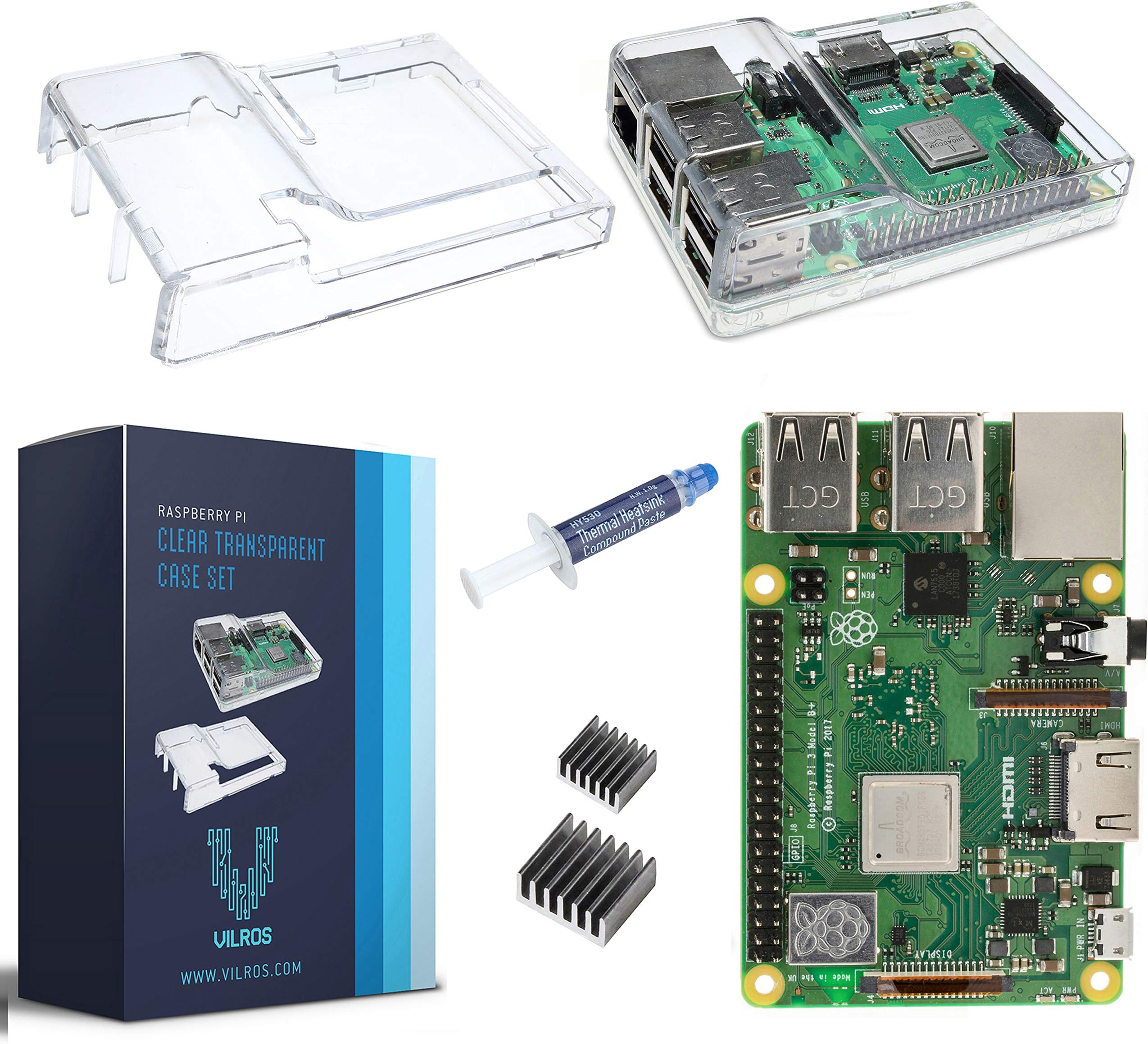 V-Kits Raspberry Pi 3 Model B+ (B Plus) with Clear Transparent Case and Set of 2 Heatsinks [2018 Model]