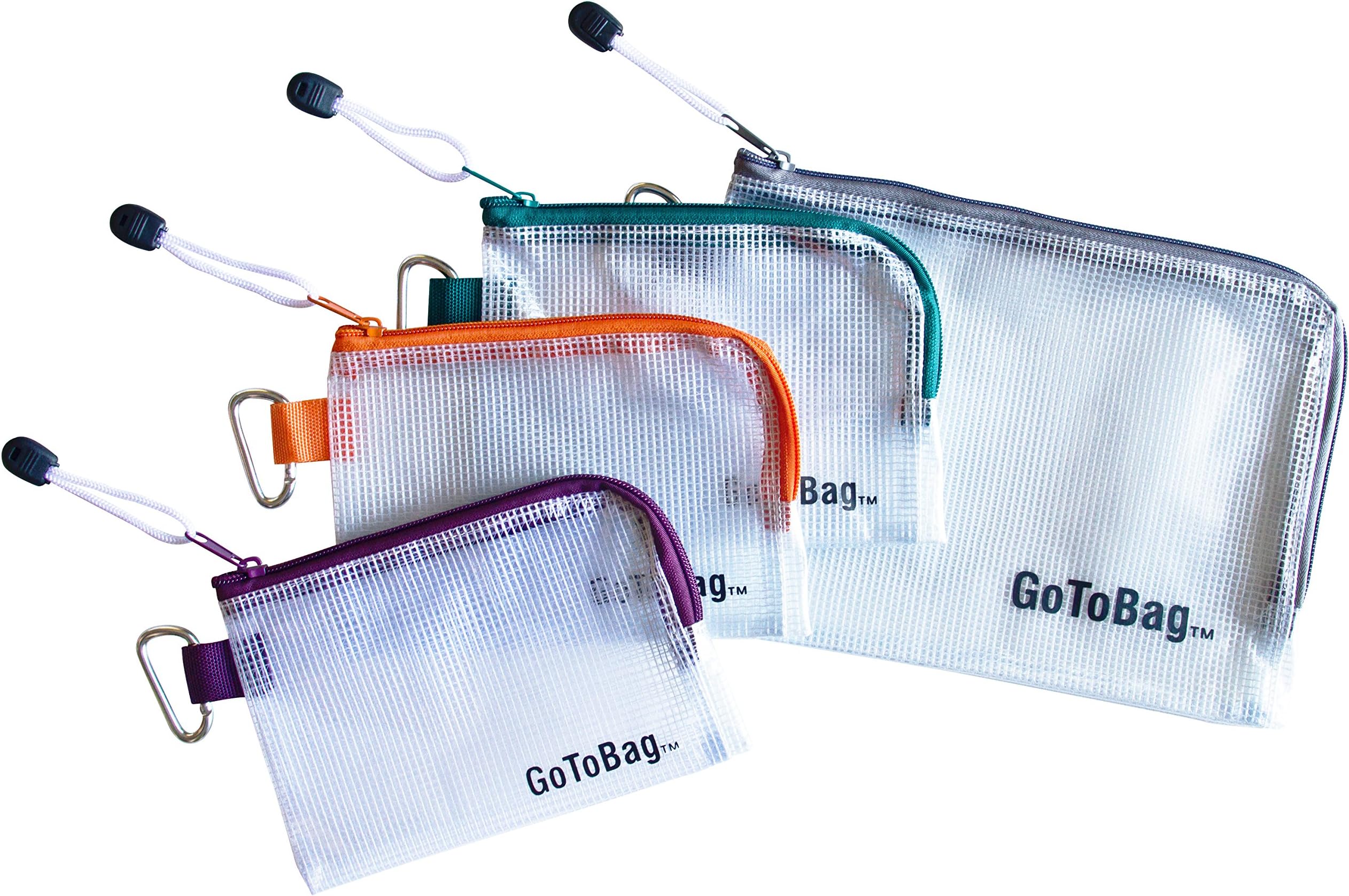4 Pack Organizer Storage Packing Bags by GoToBag - Clear Water Resistant Solid Reinforced PVC Mesh Plastic with Zipper Closure - for Travel, Office, School, Arts and Craft, Purse, Cables, All-Purpose