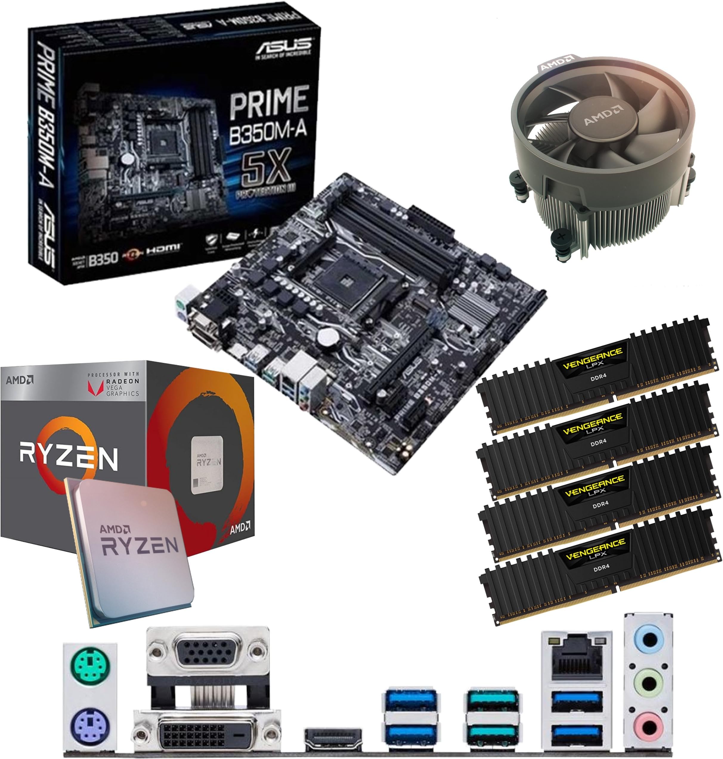 Components4All AMD Ryzen 5 2400G 3.6Ghz (Turbo 3.9Ghz) Quad Core Eight Thread CPU, ASUS Prime B350M-A Motherboard & 16GB 3200Mhz Corsair DDR4 RAM Pre-Built Bundle
