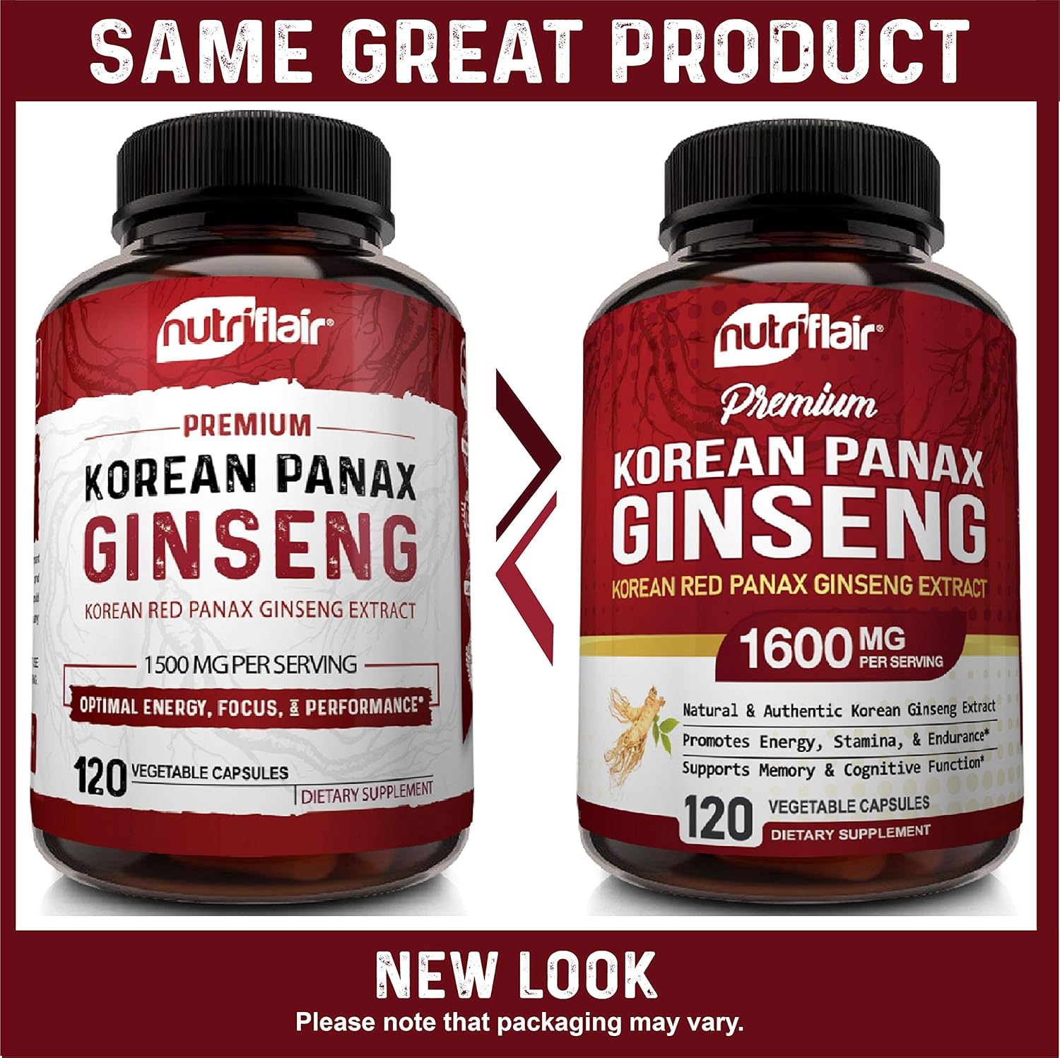 NutriFlair Korean Red Panax Ginseng 1600mg - 120 Vegan Capsules - High Strength Ginseng Root Ginsenosides Extract Powder Supplement - Energy, Focus, Libido, Performance Pills for Women & Men, Non-GMO: Health & Personal Care