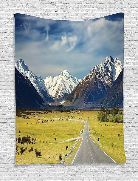 Amazon Com Ambesonne Mountain Tapestry Landscape With Road And Snow Capped Mountains Southern Alps New Zealand Wall Hanging For Bedroom Living Room Dorm Decor 40 X 60 Navy Blue Home Kitchen