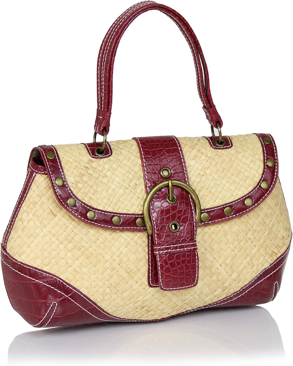 Vintage Straw Handbag w/Faux Leather Trim & Top Handle, Summer Shoulder