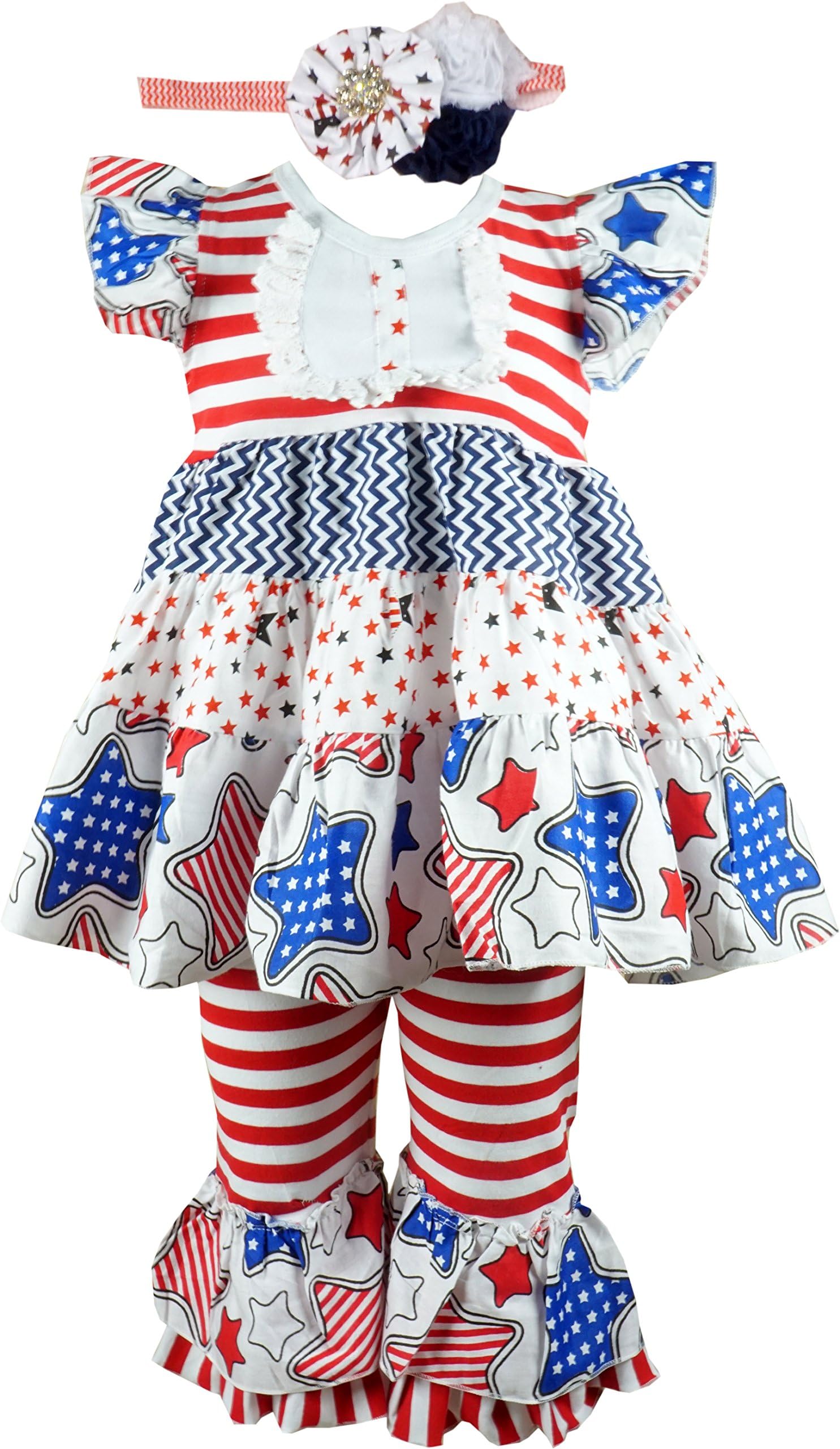 Baby Toddler Little Girls 4th of July Patriotic Stars Stripes Red White Blue Capri Set Boutique Quality