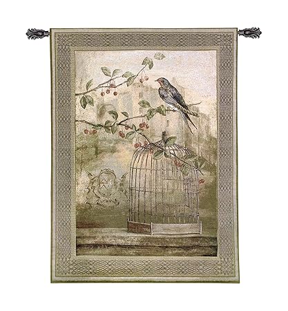 Oiseau Cage Cerise Ii By Fabrice De Villeneuve Woven Tapestry Wall Art Hanging For Home Living Room Office Decor Bird Perches On A Limb Just