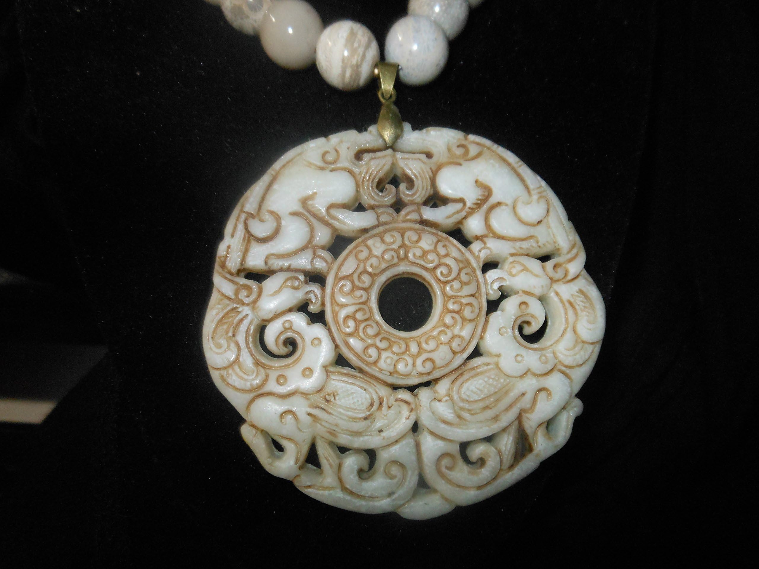 WHITE NEPHRITE DOUBLE DRAGON DOUBLE PHOENIX: Two-sided, Large, Detailed Longevity, Good Fortune Amulet with 12 mm Fossil Coral and Bronze Necklace (Vintage Carving)