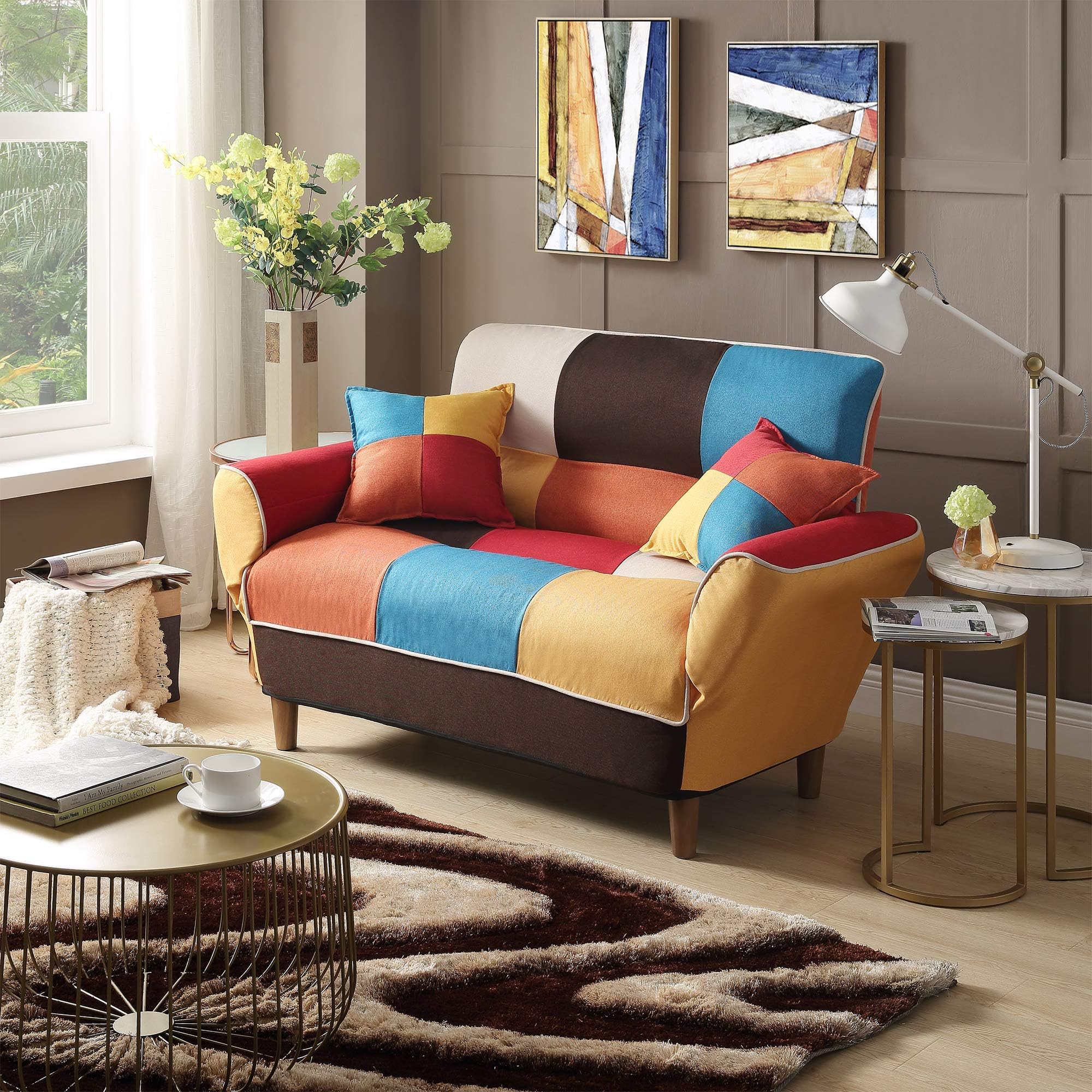 EiioX Modern Sofa with Pillows Convertible Upholstered, Couch Linen Fabric Chair Full Size Sleeper Bed with Solid Wood Frame/Legs for Restaurant, Dorm, Living Room, Colorful