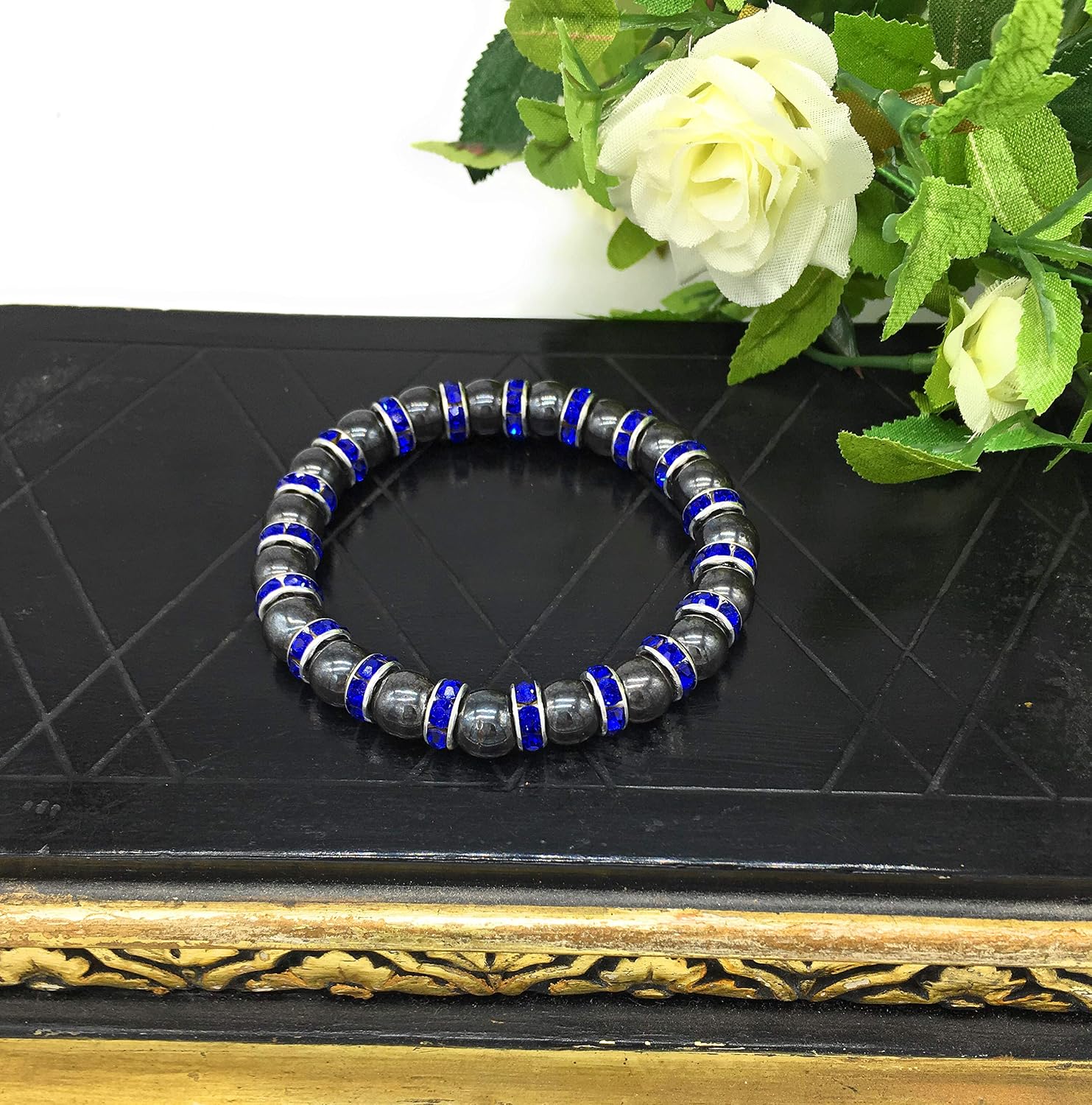 Helena Rose Bracelet, Black Tourmaline Gemstones with Sparkling Blue Rhinestone Crystals, Spiritual Bangle for Men & Women - Image 3