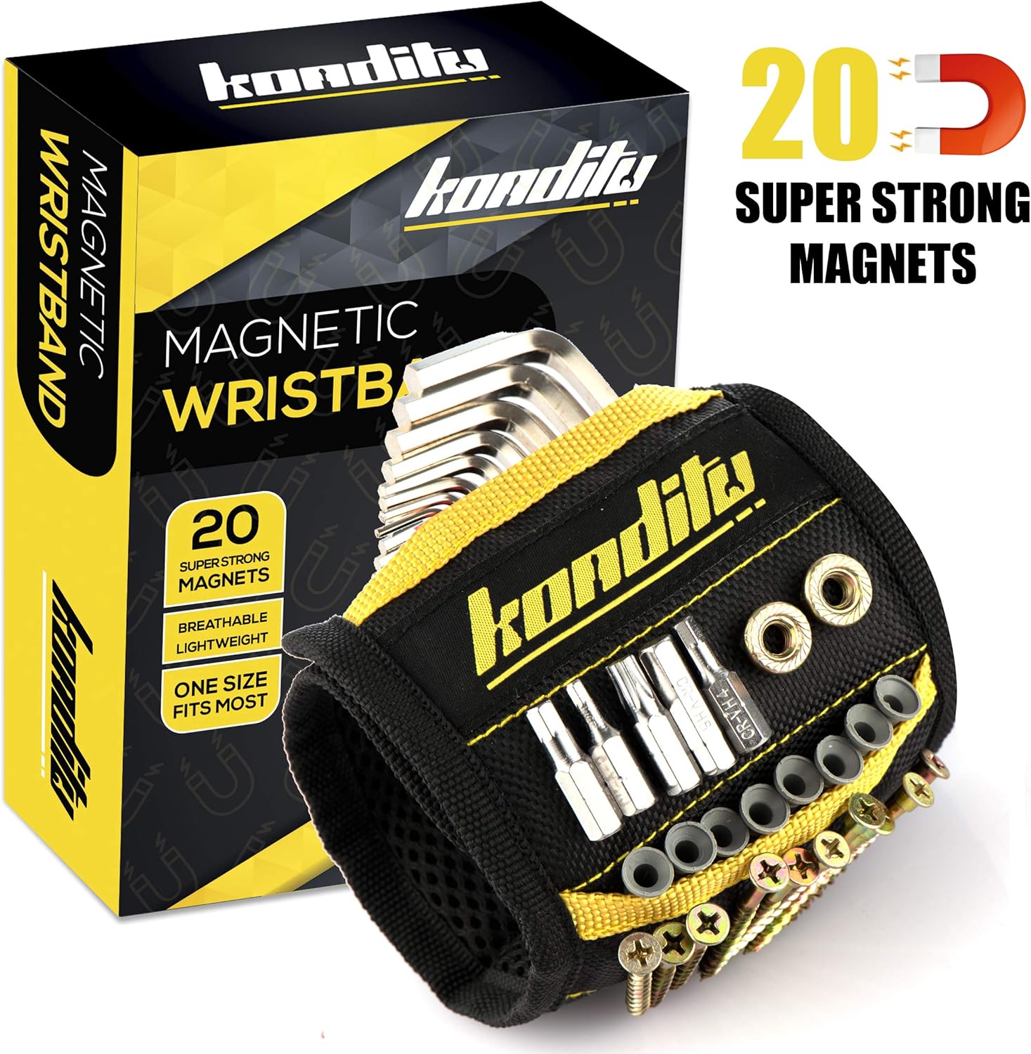 KONDITU, Professional Magnetic Wristband with *20* Super Strong Magnets and 2 Pockets, Holds Screws, Nails, Drill Bits - Image 3