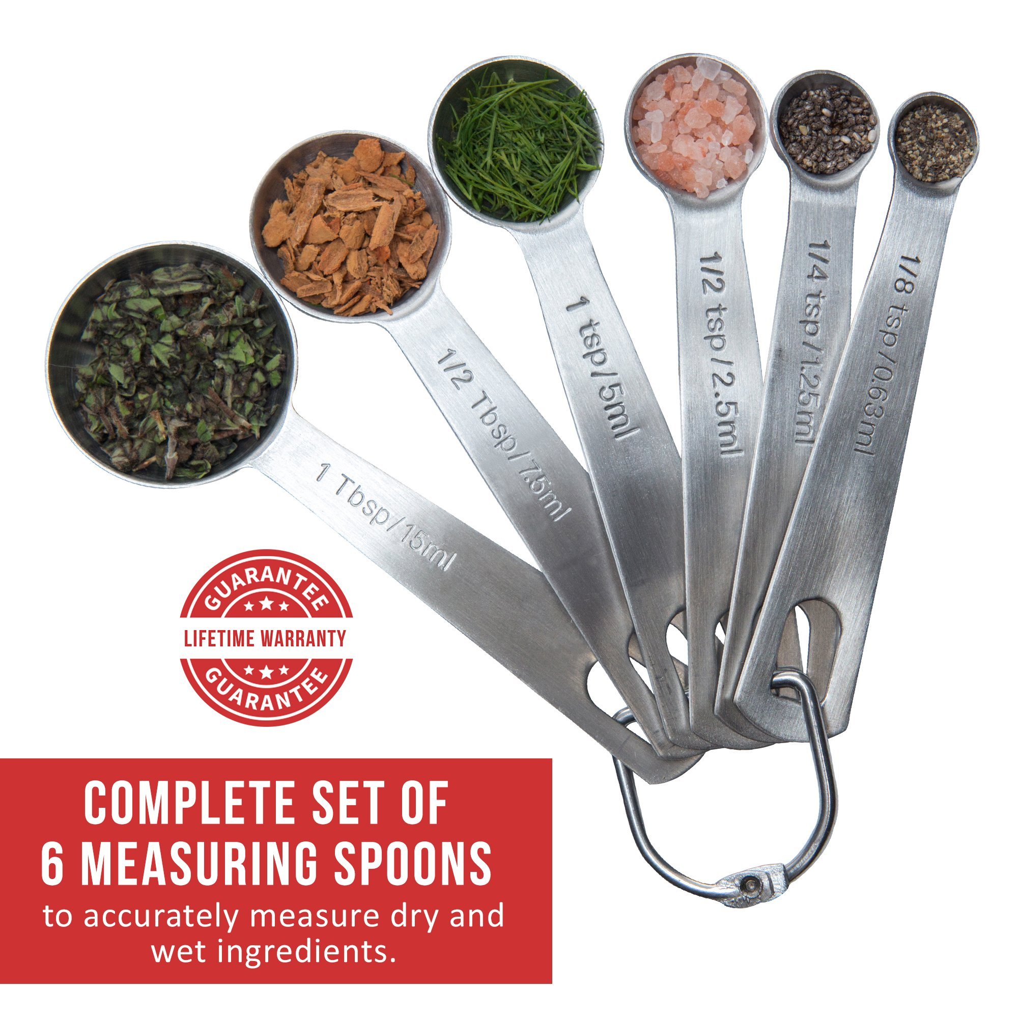 Juego de 6 Cucharas de Medicion – Garantia de Substitution de Por Vida - 1/8 - 1/4 - 1/2 - 1 Tsp Cucharilla de Cafe, 1/2 Tbsp & 1 Tbsp Cucharas de Medición de Acero Inoxidable – Esenciales de Cocina / Utensilios de Repostería