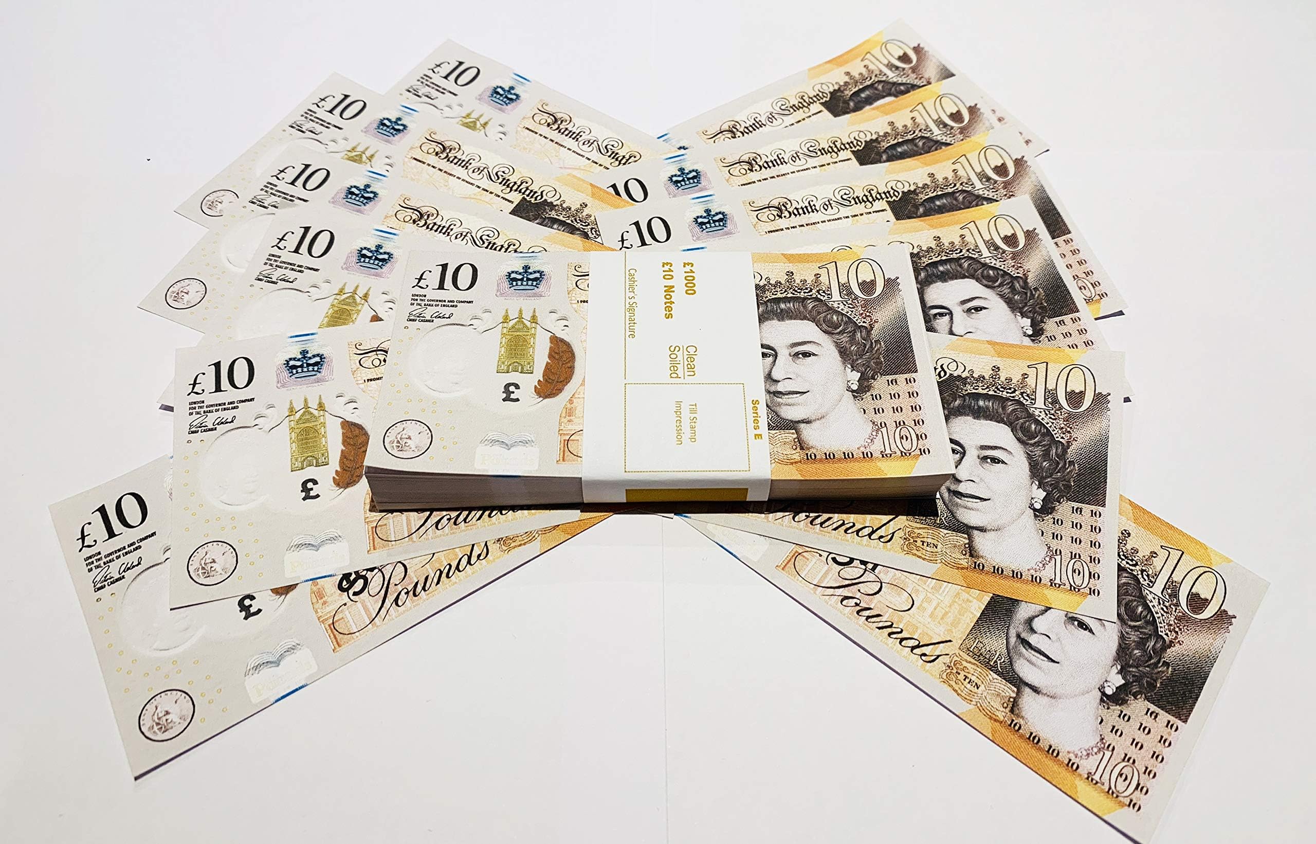 PROP MONEY UK 10 GBP POUNDS REALISTIC MONEY FAKE POUNDS NOVELTY PRETEND COUNTING LEARNING REPRODUCTION 100PCS (10)