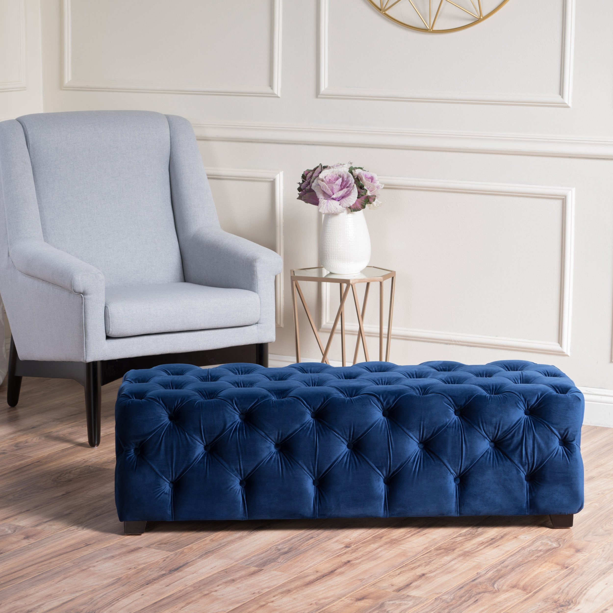 Great Deal Furniture Provence Navy Blue Tufted Velvet Fabric Rectangle