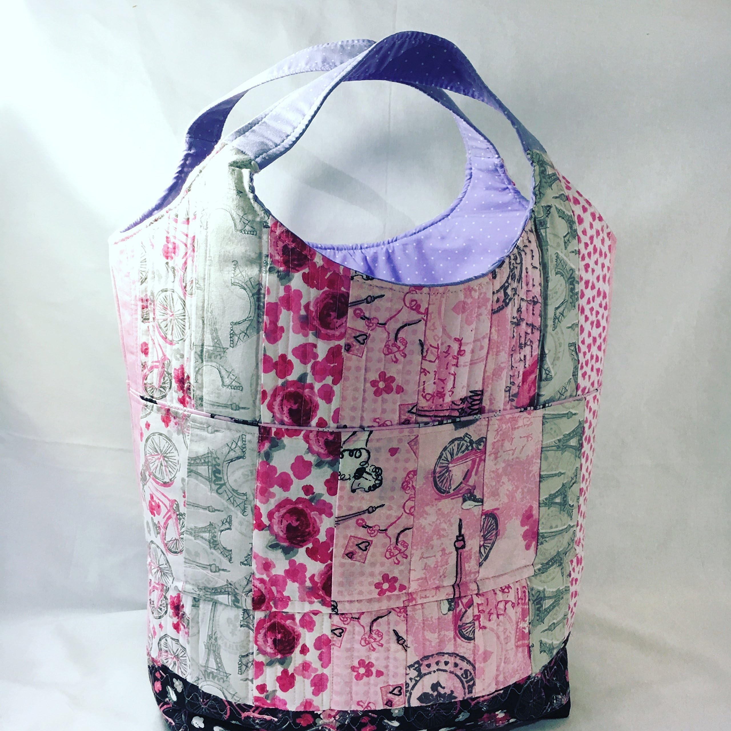unique Handmade French 'Shopping in Paris' Quilted Patchwork Market Tote.