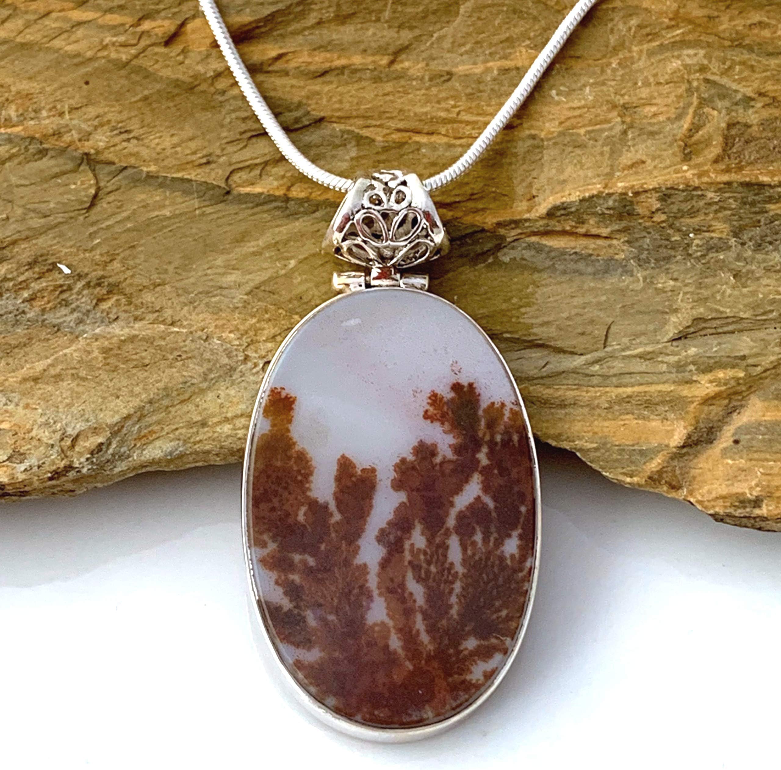 Natural DENDRITIC AGATE Gemstone Slab (3.4 x 2.2cm), 925 Sterling Silver, Scenic Oval Pendant (1.6' Long) Handmade Jewelry with Free Silver Chain.