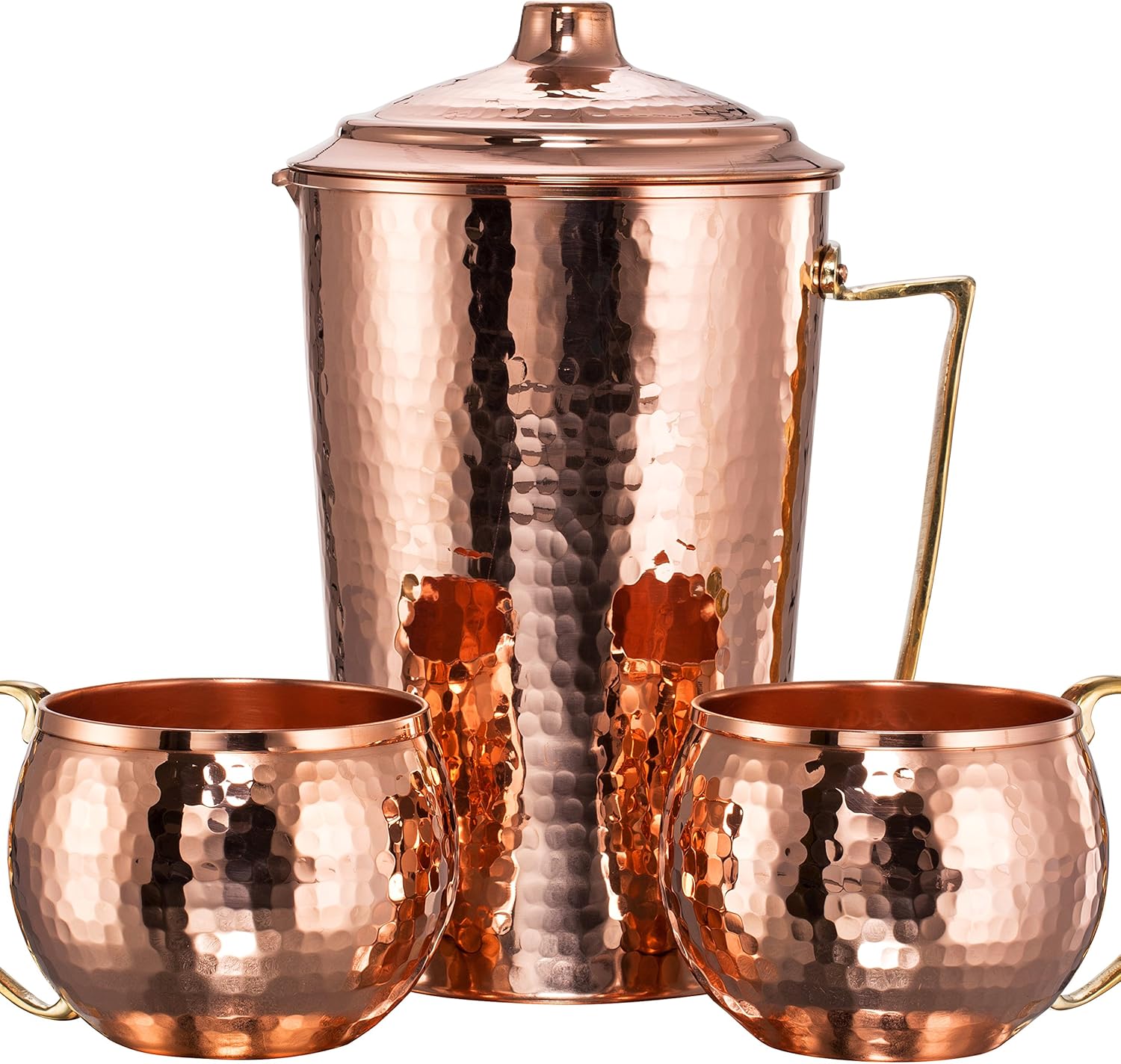 NEW CopperBull Heavy Gauge 100% Pure Solid Hammered Copper Moscow Mule Water Serving Set (Pitcher & 2 Mugs)
