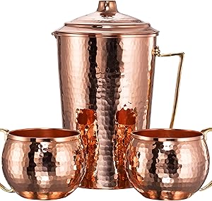 NEW CopperBull Heavy Gauge 100% Pure Solid Hammered Copper Moscow Mule Water Serving Set (Pitcher & 2 Mugs)