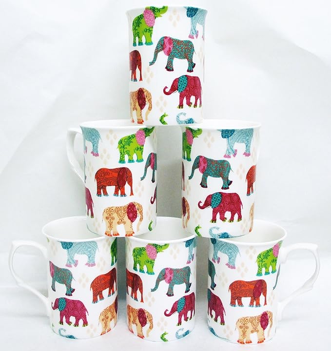 Elephants Mugs Set of 6 Fine Bone China Patched Multicolour Elephants