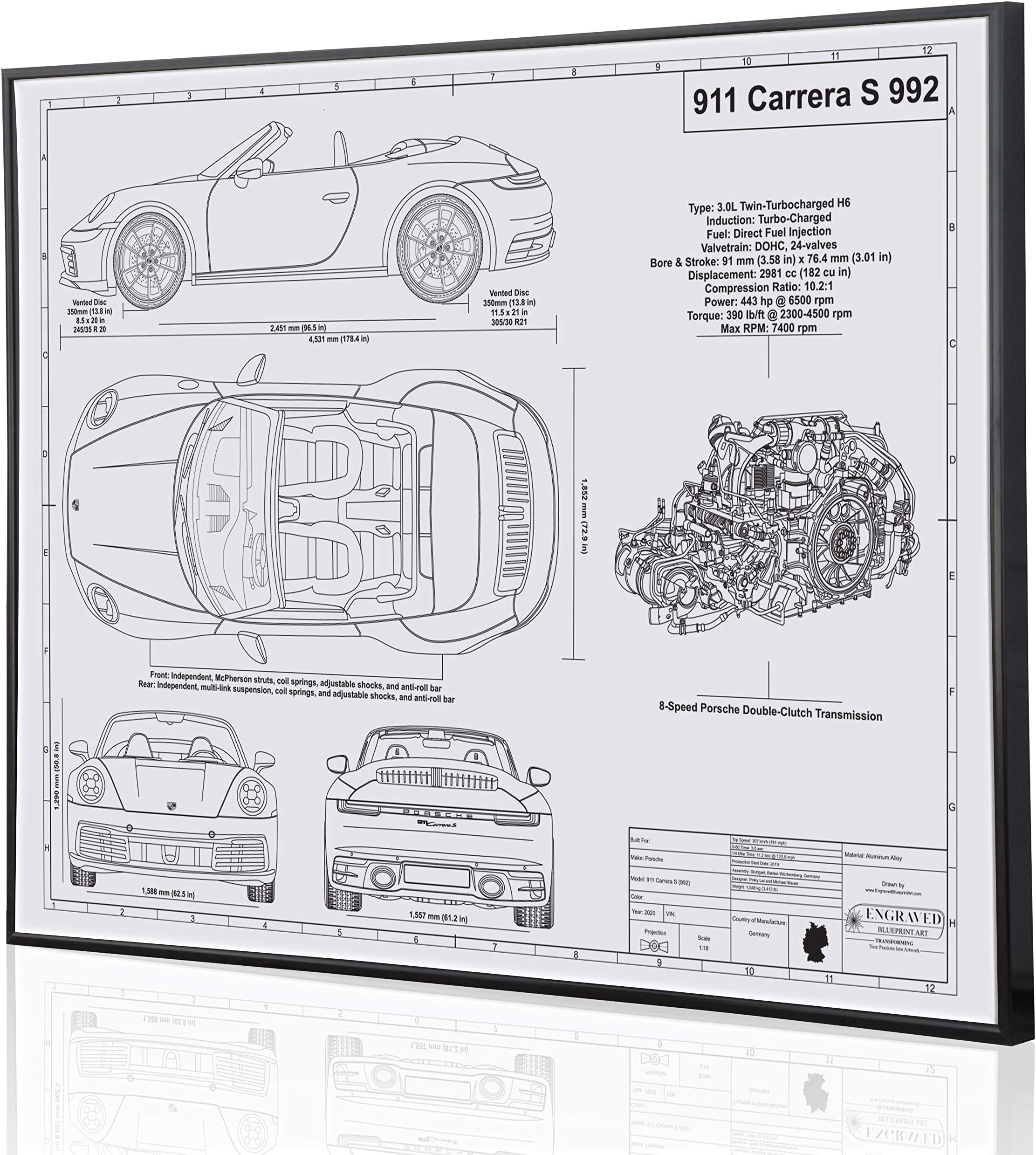 Engraved Blueprint Art LLCPorsche 992 911 Carrera S Blueprint Artwork-Laser Marked & Personalized-The Perfect Porsche Gifts