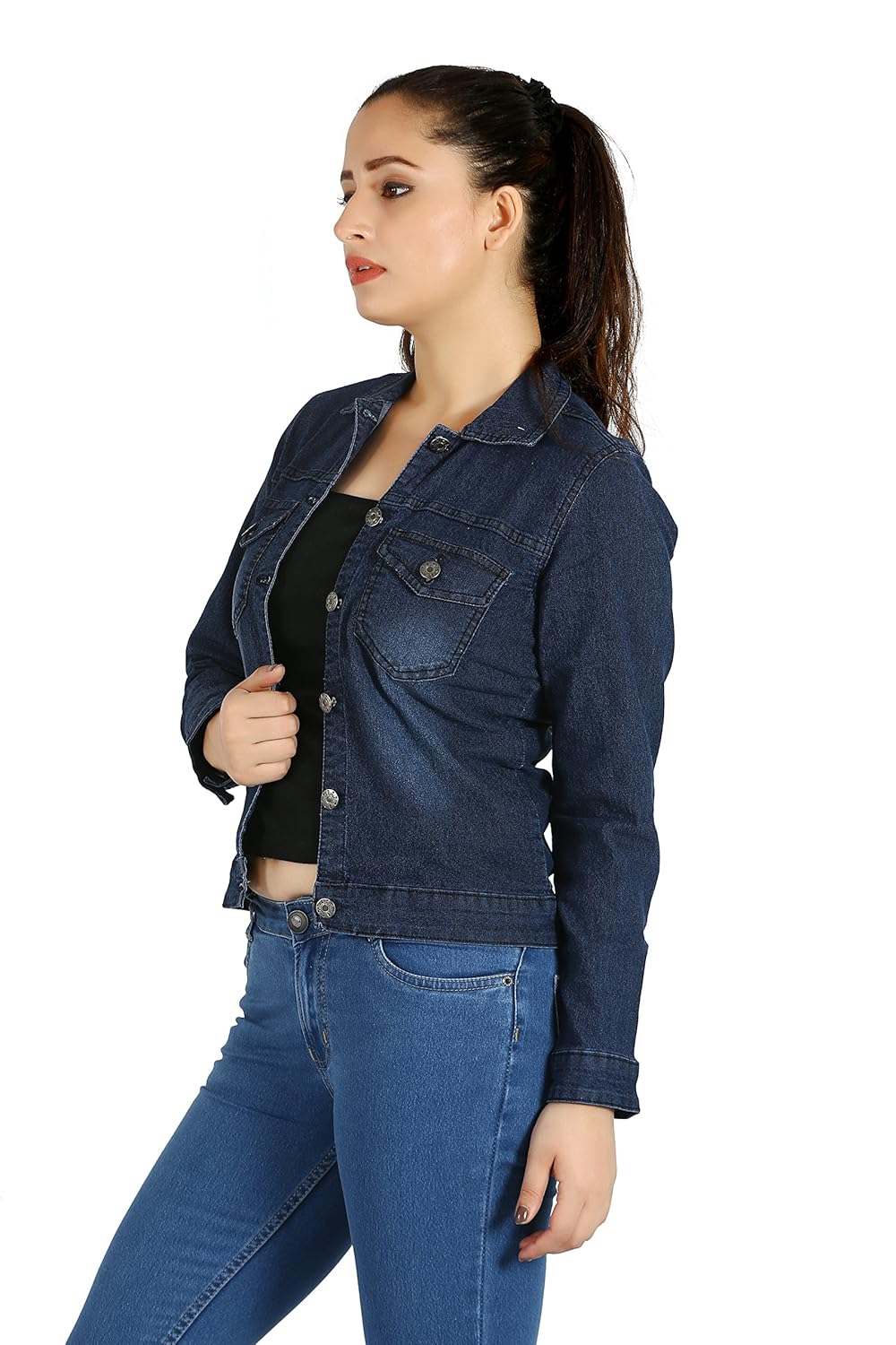 fck-3 women's modish long sleeves silky stretchable denim jacket