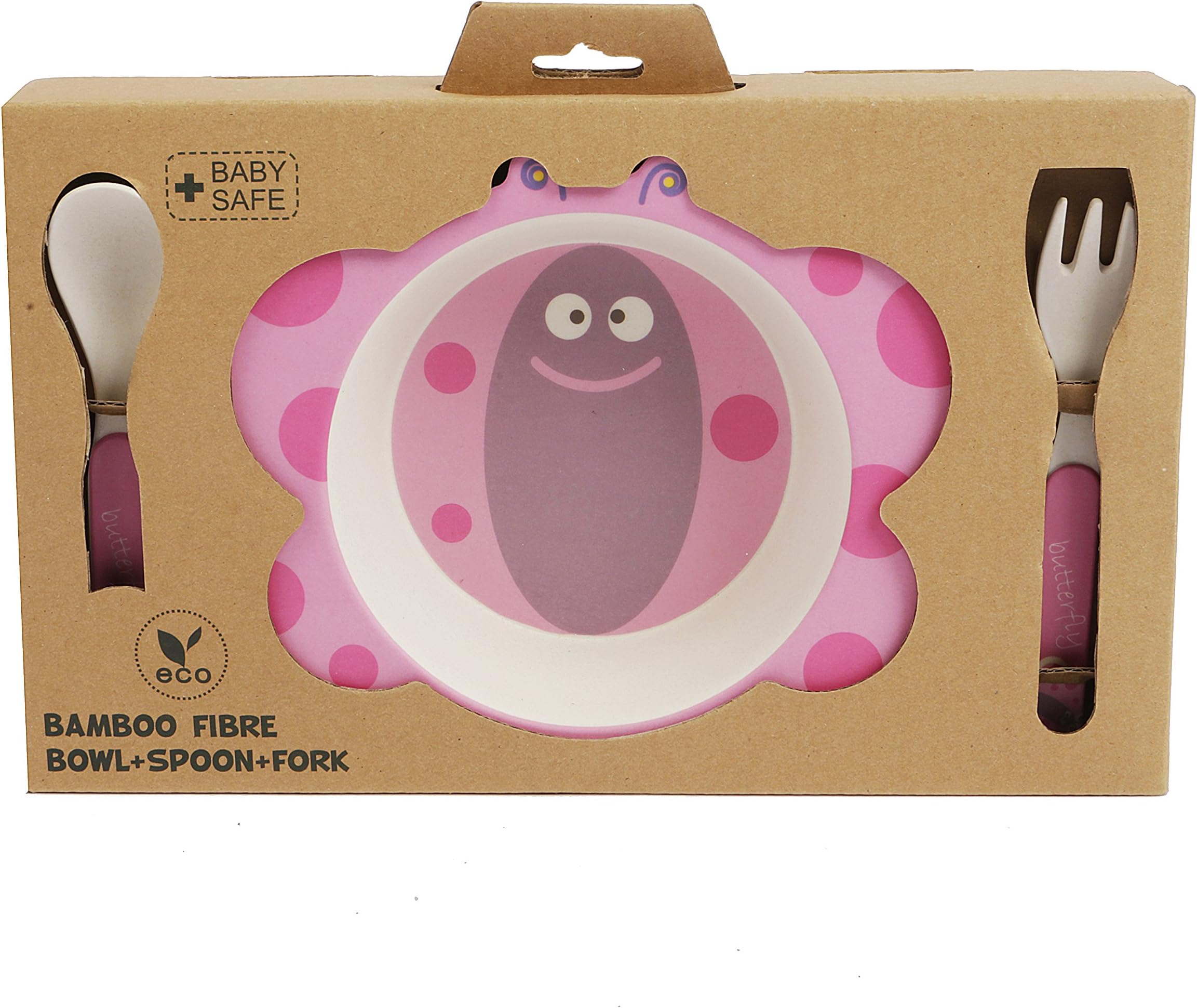 ORNAMI 3-Piece Bamboo Dinner Set for Children, Butterfly Design - Kids Dinner Set Includes Round Bamboo Bowl and Toddler Cutlery - Eco Friendly, BPA Free and Dishwasher Safe