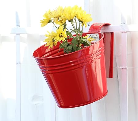 Green Gardenia GI-Metal Bucket Railing Planter Large (Red, 1)