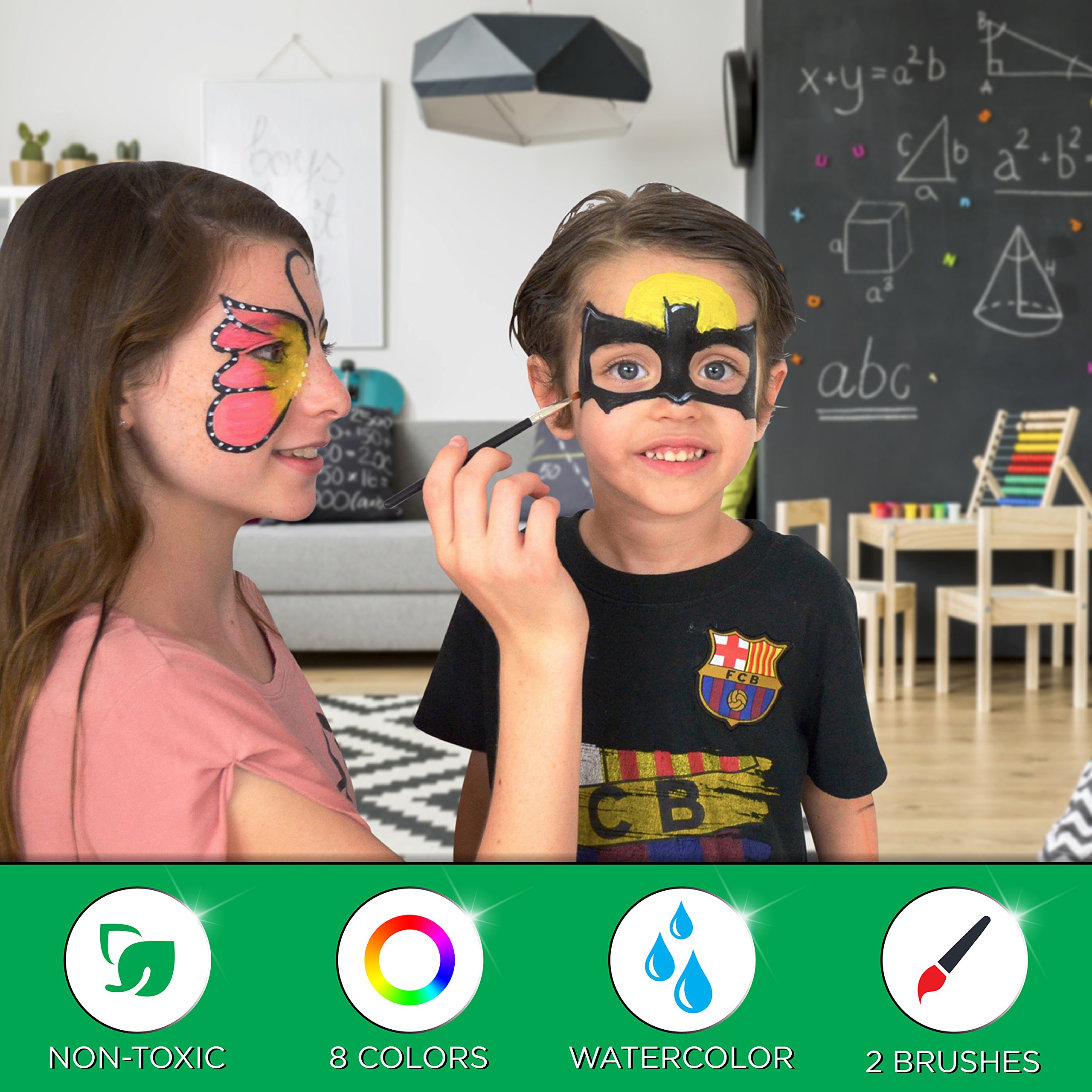 Face painting kits. Free 40 Stencils Included. Use for Body Painting,Birthday, Halloween or Kids Makeup Parties.Our Face Paint Kit Contain Palette 8 Colors, Glitter,Brushes & Sponges