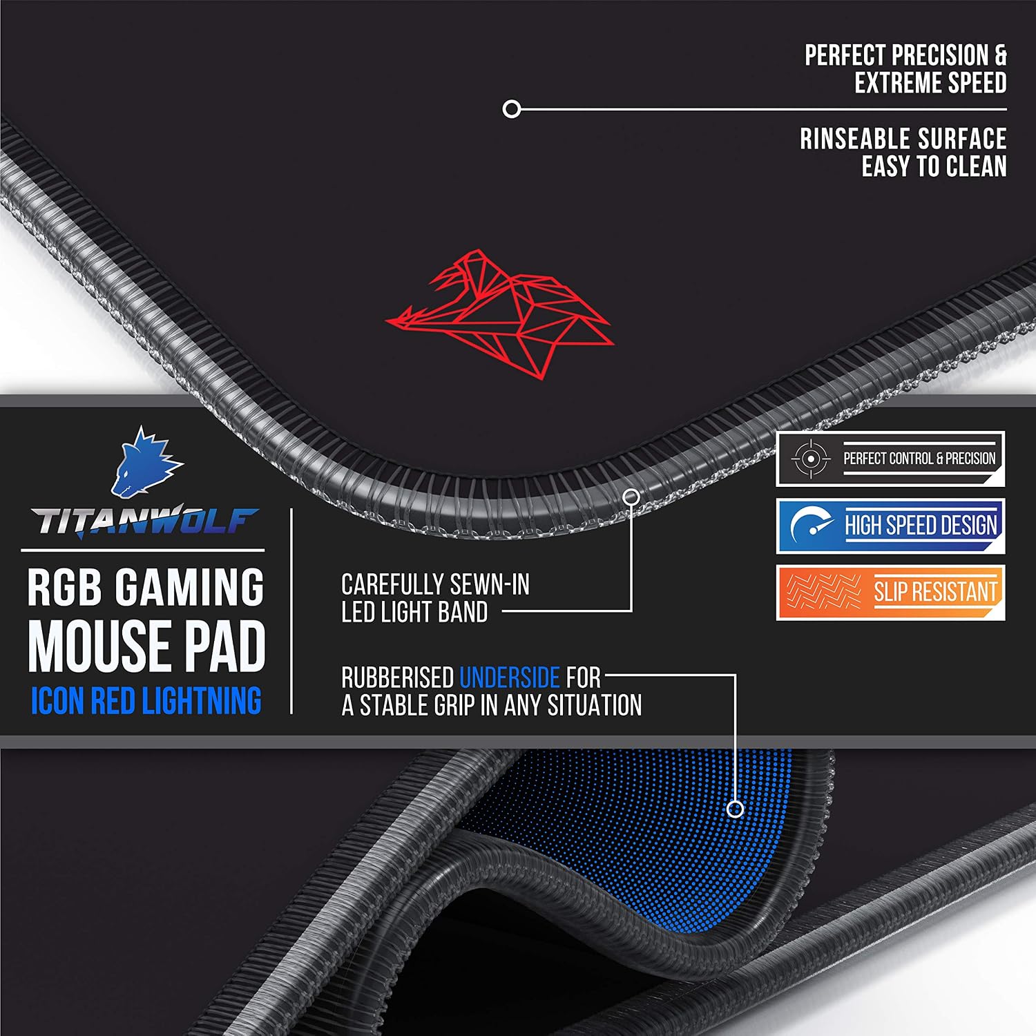 TITANWOLF, RGB Gaming Mouse Mat, 800x300 mm, XXL Extended Large LED Mouse Pad, 7 Multi Colour and 4 Effect Modes - Image 4