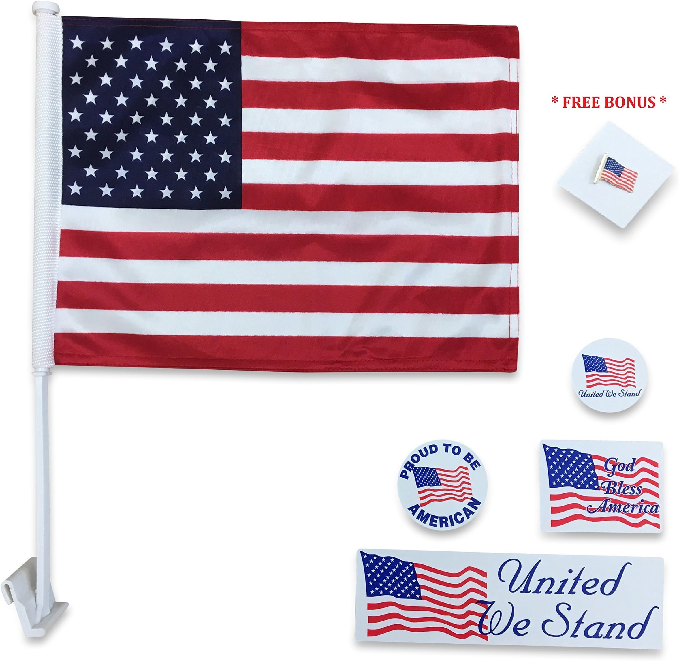 American Car Flag and Bumper Stickers for July 4th Independence day ,BONUS Free metalic Pin- Unique Combo - Best 4th of July Flag Deal Packaged in USA