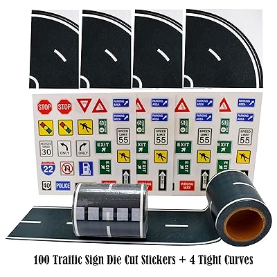 Fun Road Tape for Toy Cars, 2 Rolls of 33&rsquo;x2.4&rdquo;, Bonus 100 Die Cut Traffic Sign Stickers and 4 Curves, Perfect to Keep Your Kids Away from Screens, Develop Their Imagination and Memory, Play and Learn