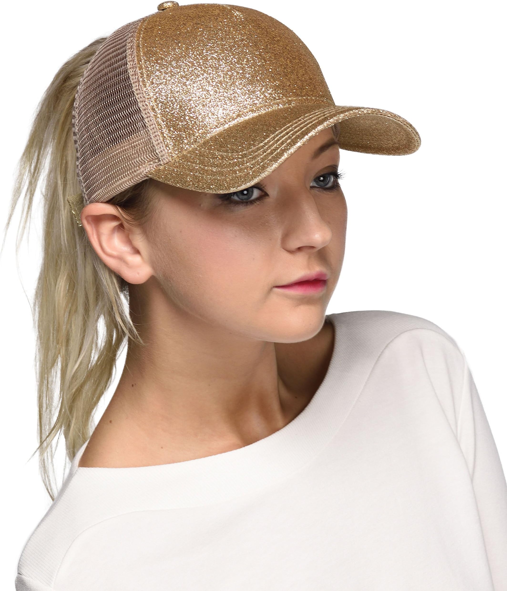 Hatsandscarf C.C Ponytail caps Messy Buns Trucker Plain Baseball Cap (BT-6) (Glitter-Gold)