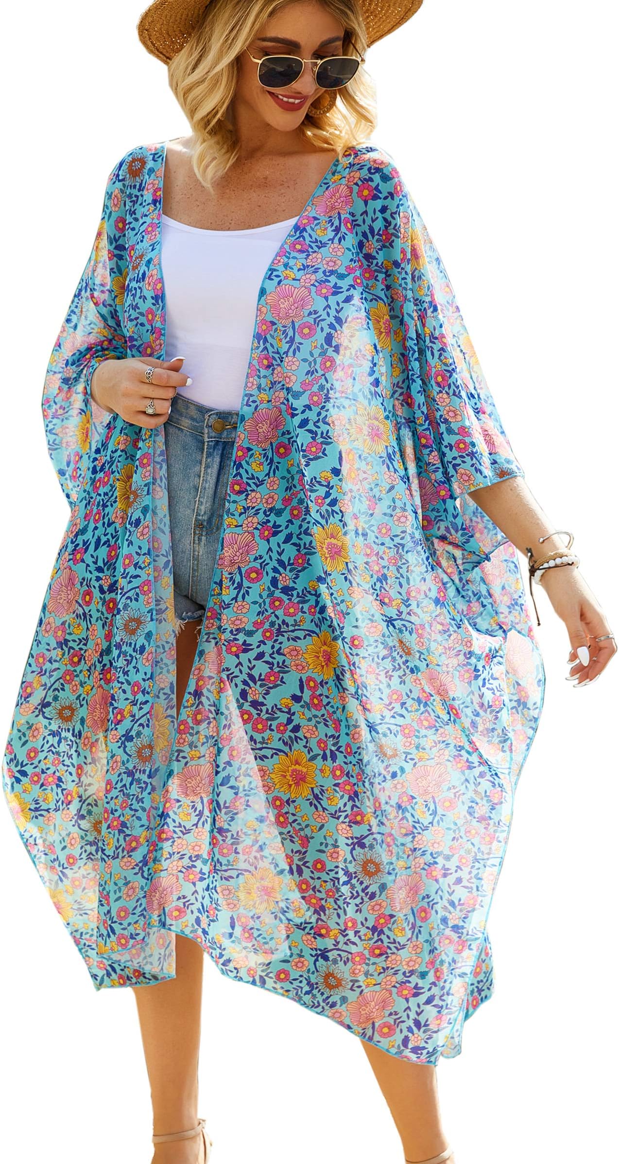 Hibluco Women's Sheer Chiffon Floral Kimono Cardigan Long Blouse Loose Tops Outwear