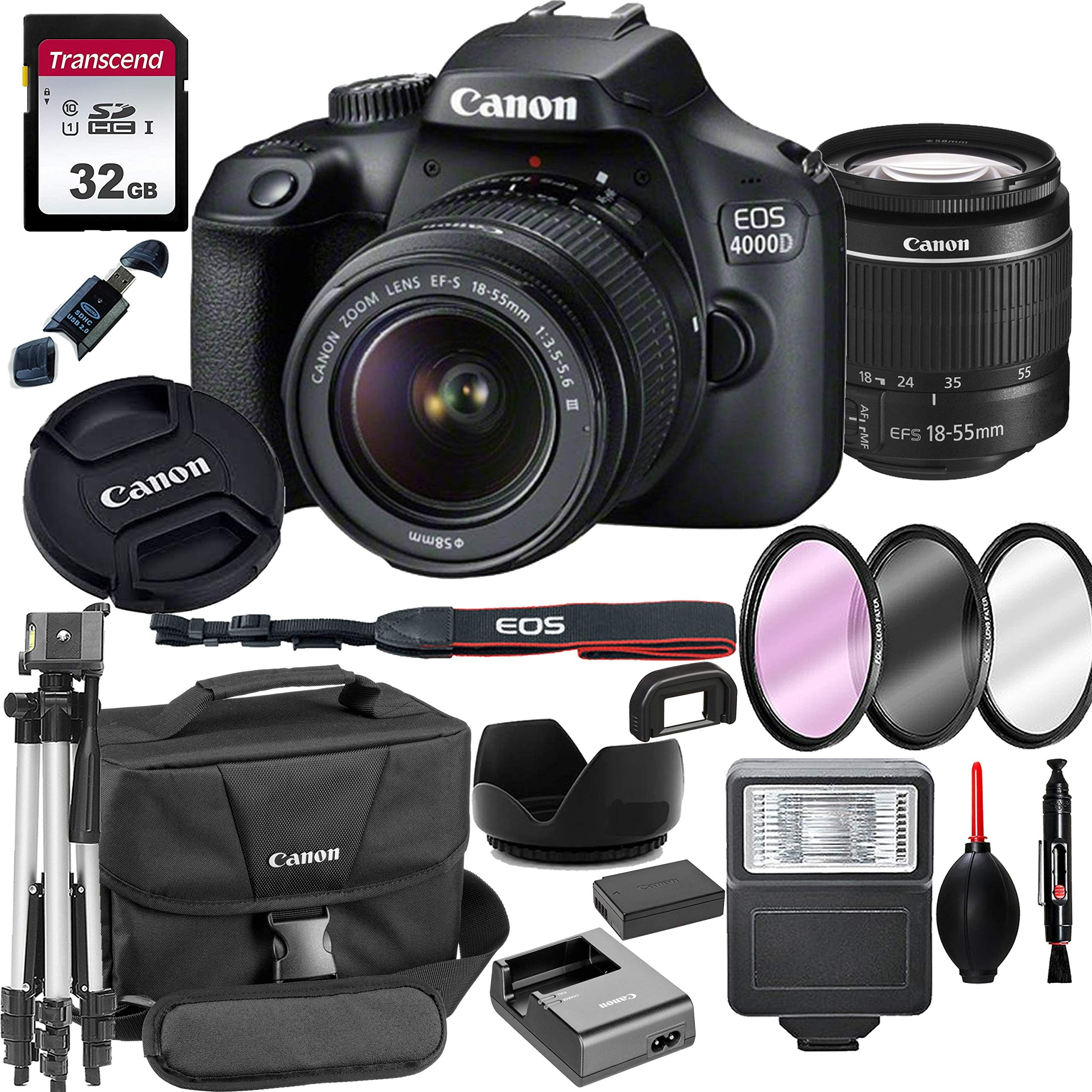 Canon 4000D EOS DSLR Camera with 18-55mm f/3.5-5.6 Zoom Lens + 32GB Card, Tripod, Flash, and More (18pc Bundle)