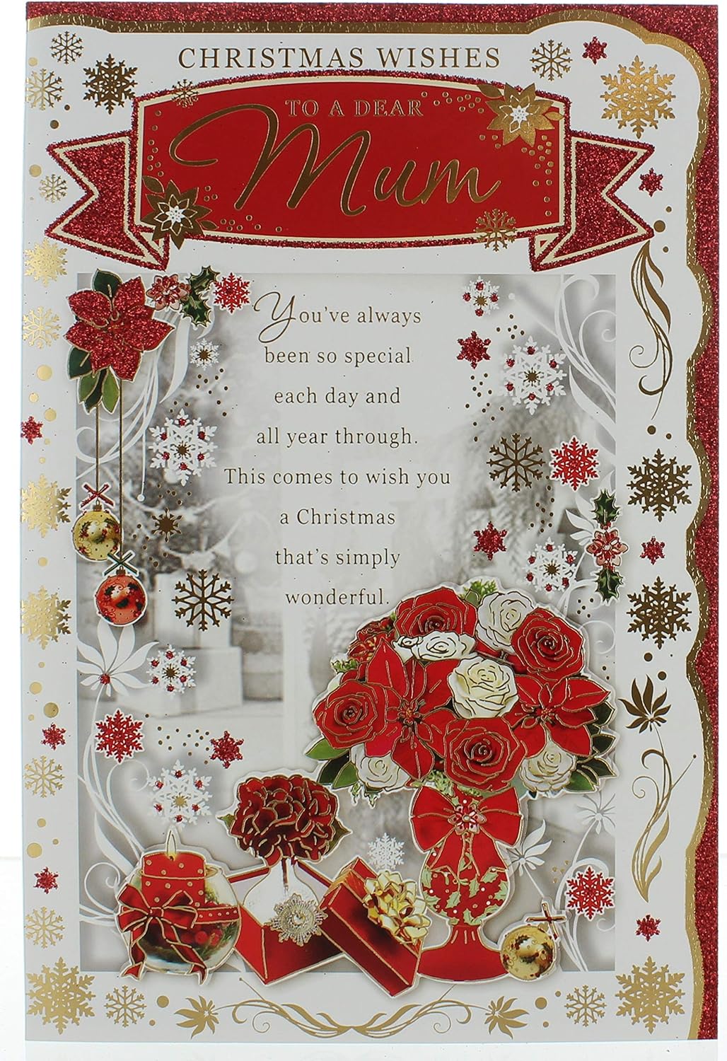 Mum Christmas Card - Red Poinsettia and Flowers with Holly and Gold Foil 9x6", Multi, 23cm x 15cm