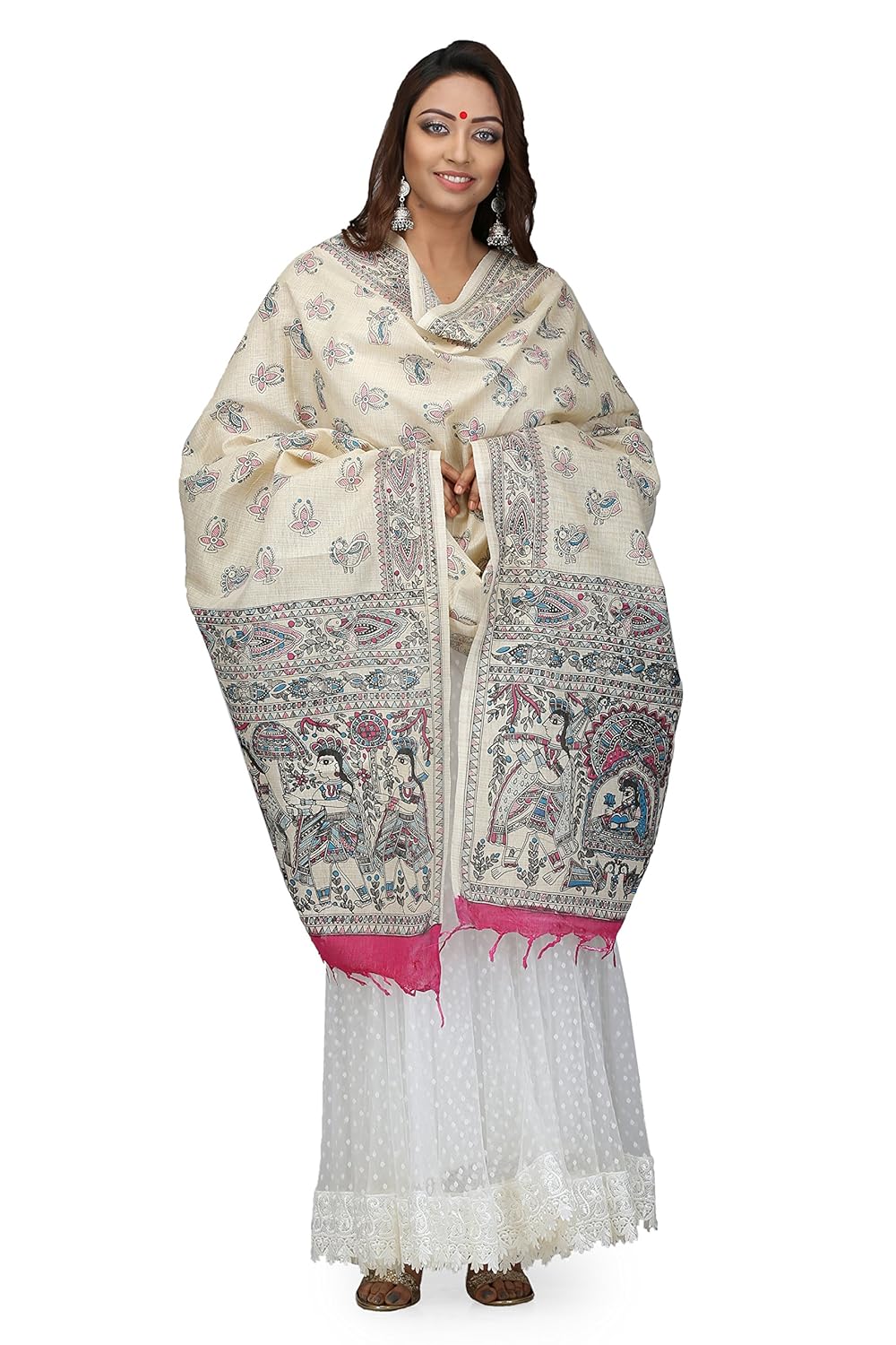 the weave traveller women's handloom madhubani printed khadi cotton dupatta, free size(multicolour, twt_khadidu_pnkmadhu)