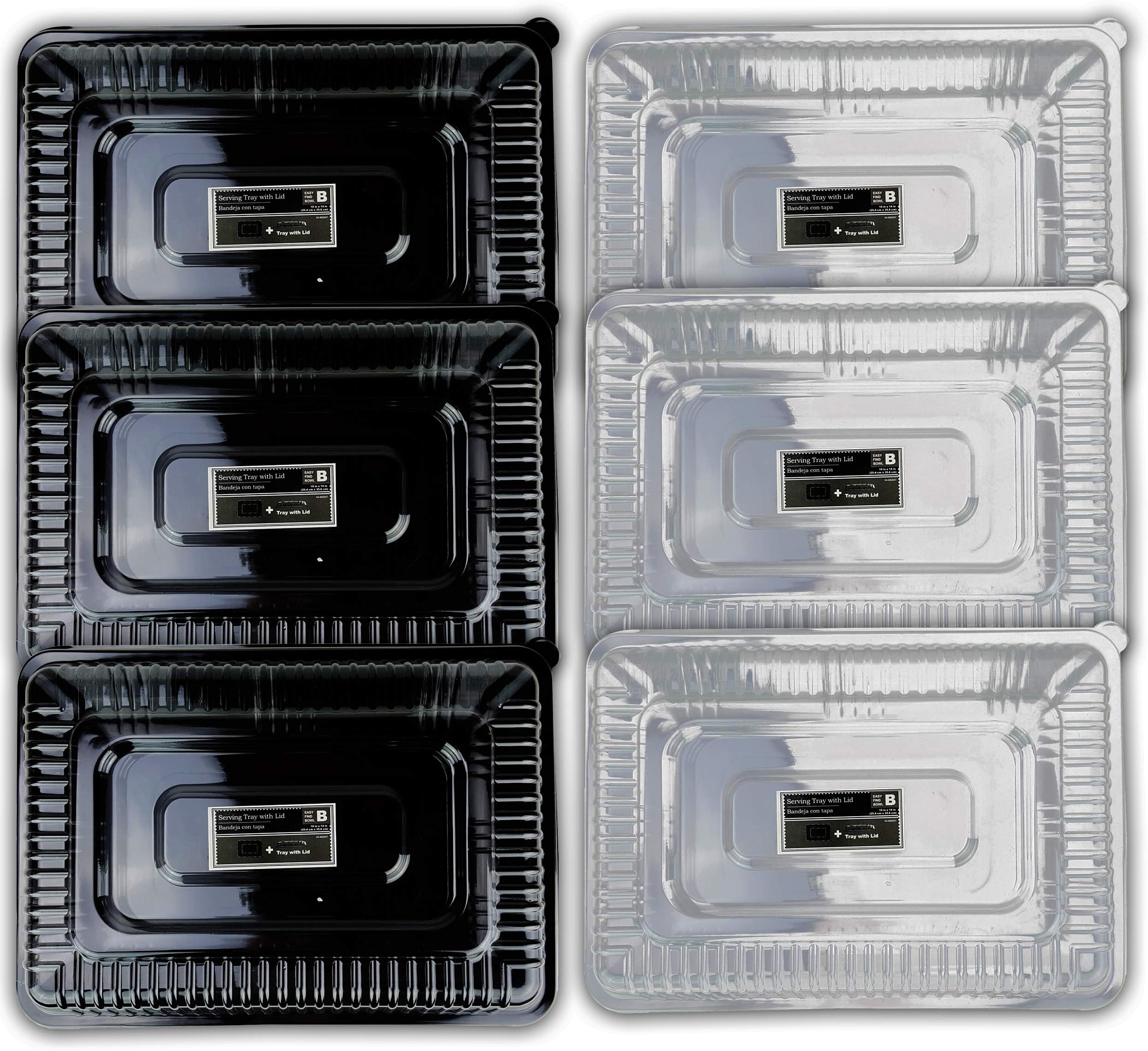 Disposable Catering Party Tray Food Platter + Clear Dome Lid ~ 6 Pack Black and White 10"x14"