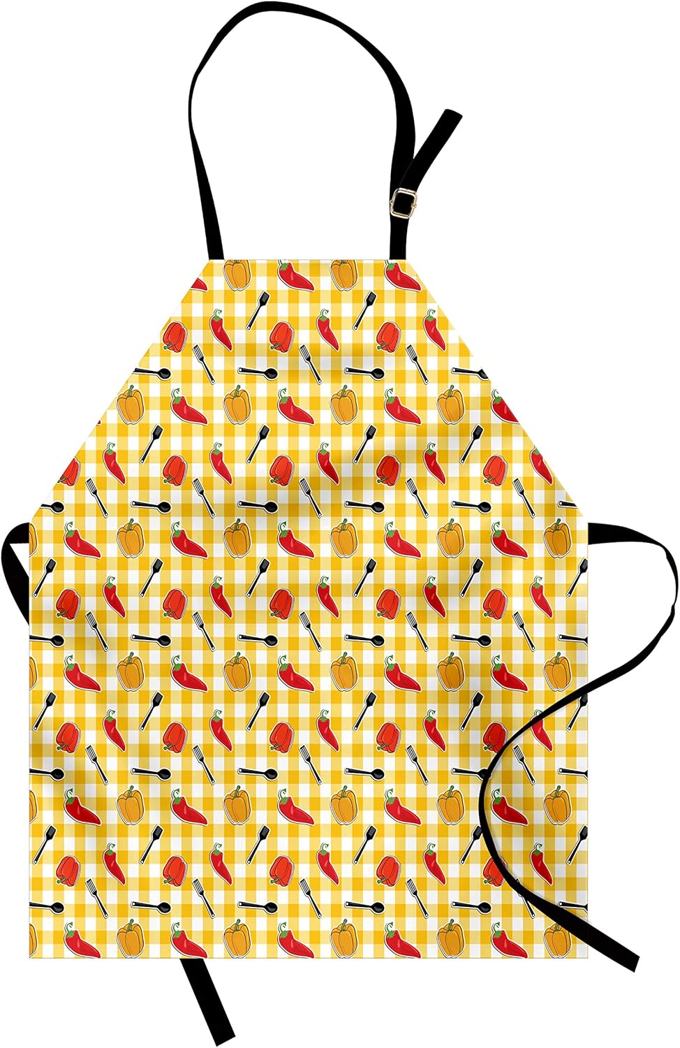 Lunarable Food Apron, Checkered Squares Pattern with Chili and Bell Peppers Plastic Spatula Spoon Cooking, Unisex Kitchen Bib with Adjustable Neck for Cooking Gardening, Adult Size, Scarlet Yellow