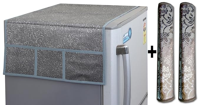 Yellow Weaves Floral Design Fridge Top Cover and 2 Handle Covers - Silver